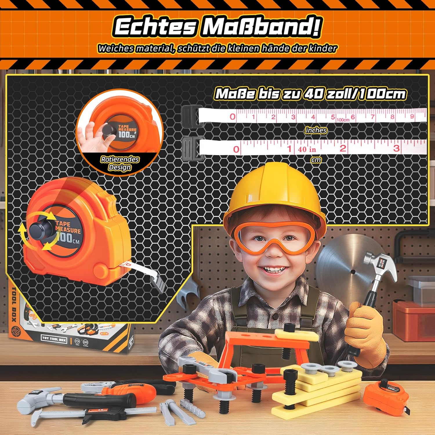 ⚡ Elektro & Technik – Kinder Werkzeugkasten, Werkzeugset Kinder mit Kettensäge & Bohrmaschine & Winkelschleifer, Rollenspielspielzeug ab 3 4 5 6 7 8 Jahre Jungen Mädchen (50 Teile) – Bild 5