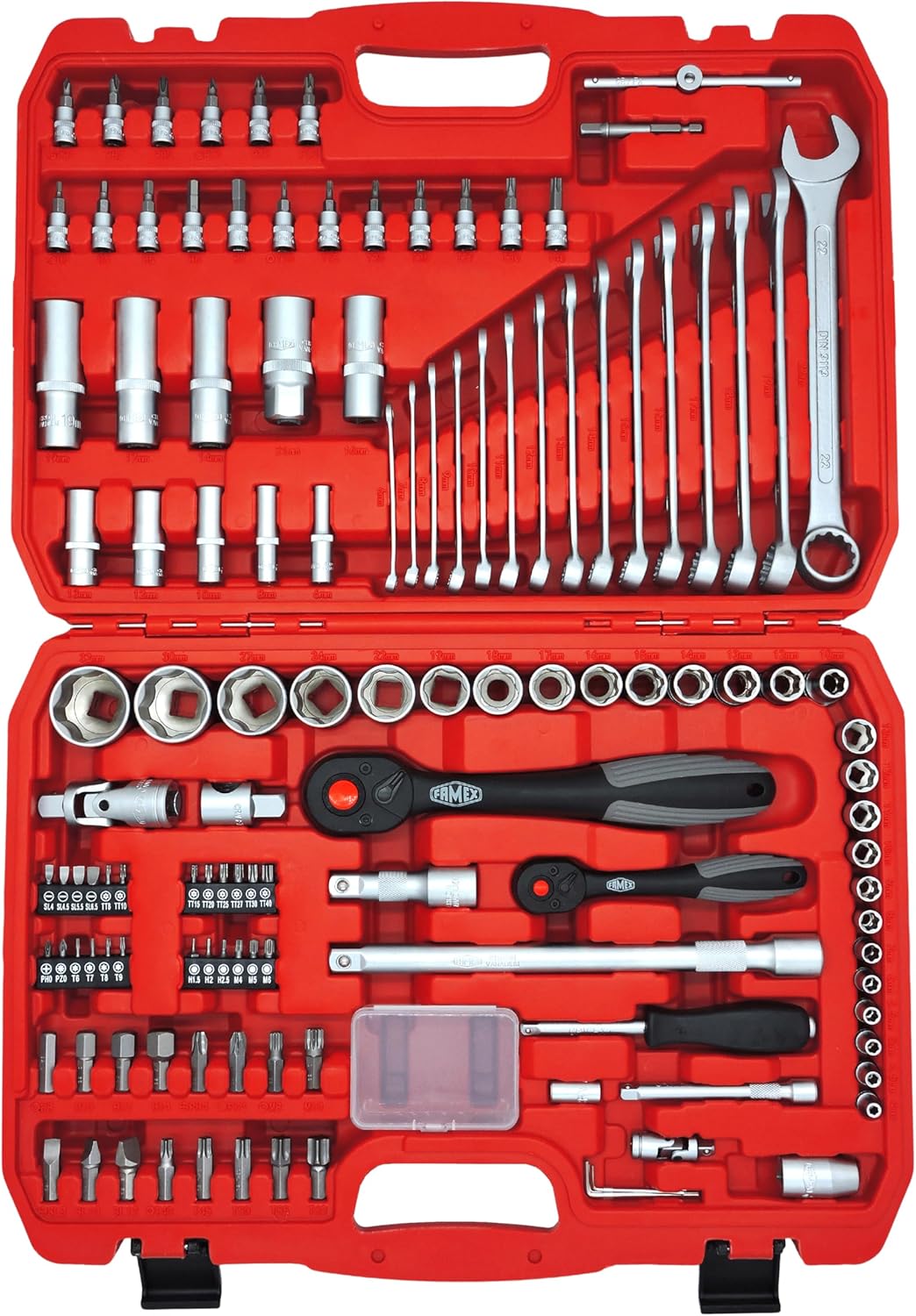 🚗 KFZ & Werkstatt – FAMEX 568-44 Socket Spanner Set 125 Pieces - Ratchet Set Tool Set, Ratchet Box, Nut Box - Nuts with Wave Profile - 12.5 mm (1/2 Inch) and 6.3 mm (1/4 Inch) - Bit Inserts