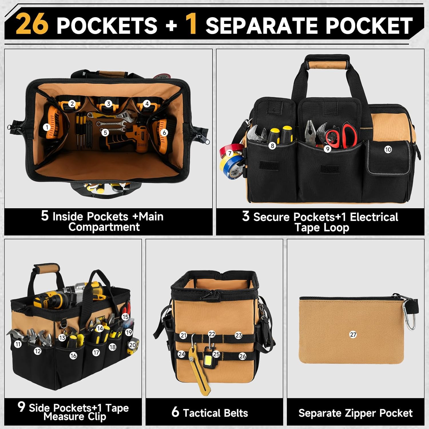 ⚡ Elektro & Technik – Werkzeugtasche klein leer, 16 Zoll robuste Werkzeugtasche mit Schultergurt, 27-Taschen-Werkzeugkasten für Herren, Weithals-Werkzeugtasche für Mechaniker, Elektriker, Tischler, Schwarzbraun – Bild 4