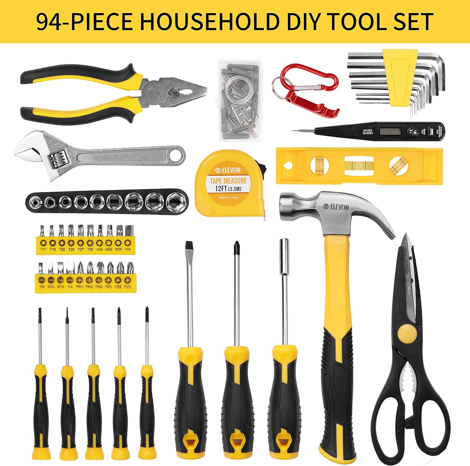 🔥 Angebote & Aktionen – Elevon 94-Piece Yellow Household Tool Set, Tool Set with Storage Box, DIY Basic Tool Set, with Two Additional Accessories, Suitable for Home, Office, School and Furniture – Bild 2
