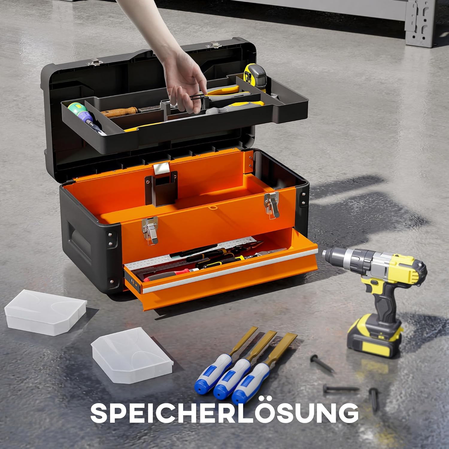 ⚡ Elektro & Technik – HOMCOM Leerer Werkzeugkasten, robuster Werkzeugkasten mit Schubladenfächern, Tragegriff, Werkzeugkasten für Werkzeug, Haushalt, Werkstatt, Orange – Bild 3