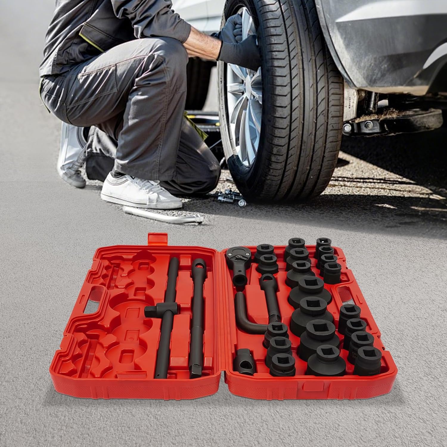 🚗 KFZ & Werkstatt – 3/4 Inch & 1 Inch Socket Set 26-Piece 21-65 mm Socket Set Truck Ratchet Box Set Car Professional with Case for Repairs Modifications etc. on Vehicles or Other Items – Bild 5