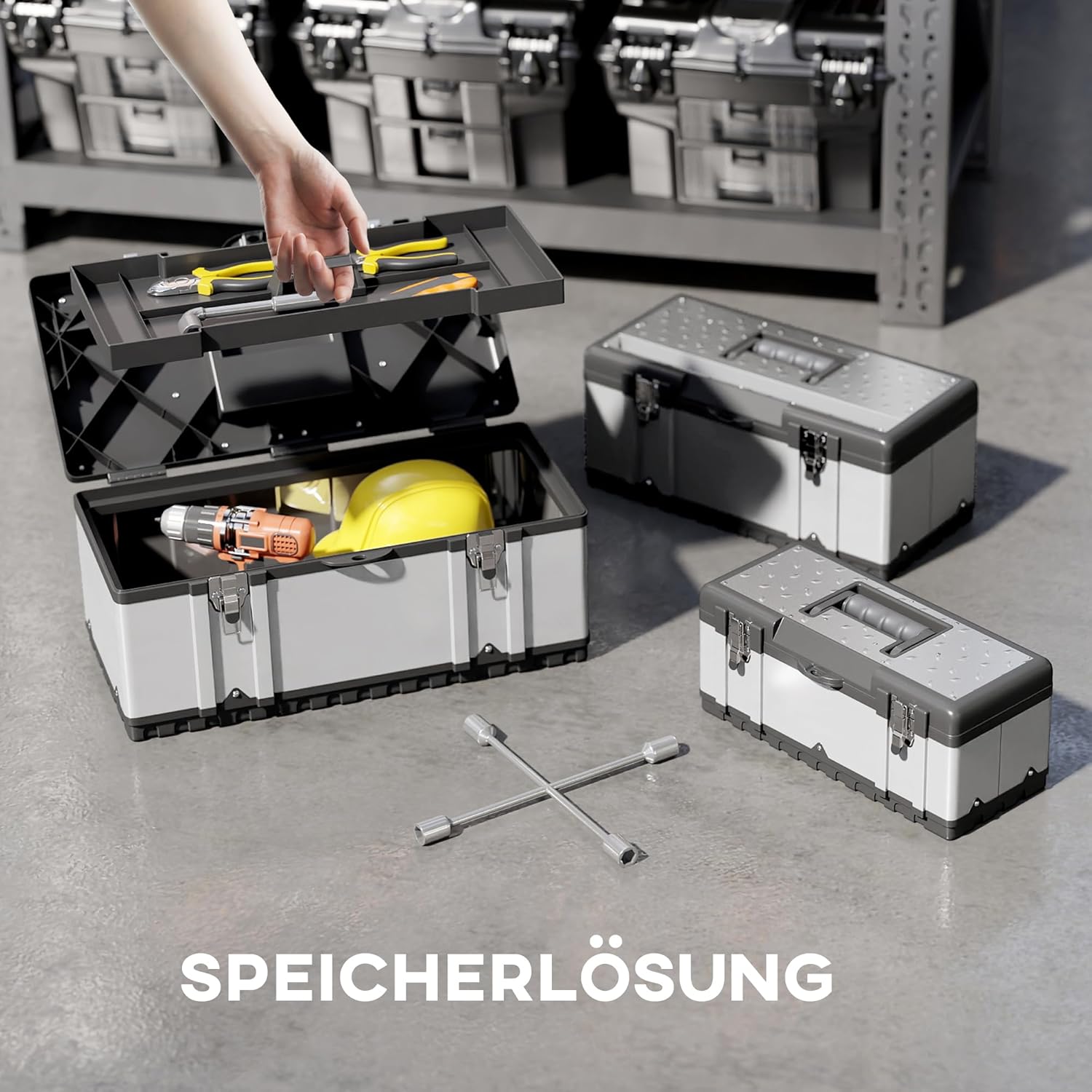 🔥 Angebote & Aktionen – HOMCOM Tool Box Set of 3 Empty Tool Box Tool Box with Removable Tray, Handles, Clasps, Tool Box Made of Stainless Steel, Black and Silver – Bild 3