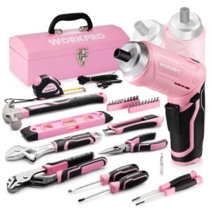 🔥 Angebote & Aktionen – WORKPRO 73-Piece Tool Set Pink with Cordless Screwdriver, Small, Pink Metal Tool Box Filled for Household Repair with Spirit Level, Water Pump Pliers, Gift for Mum DIY