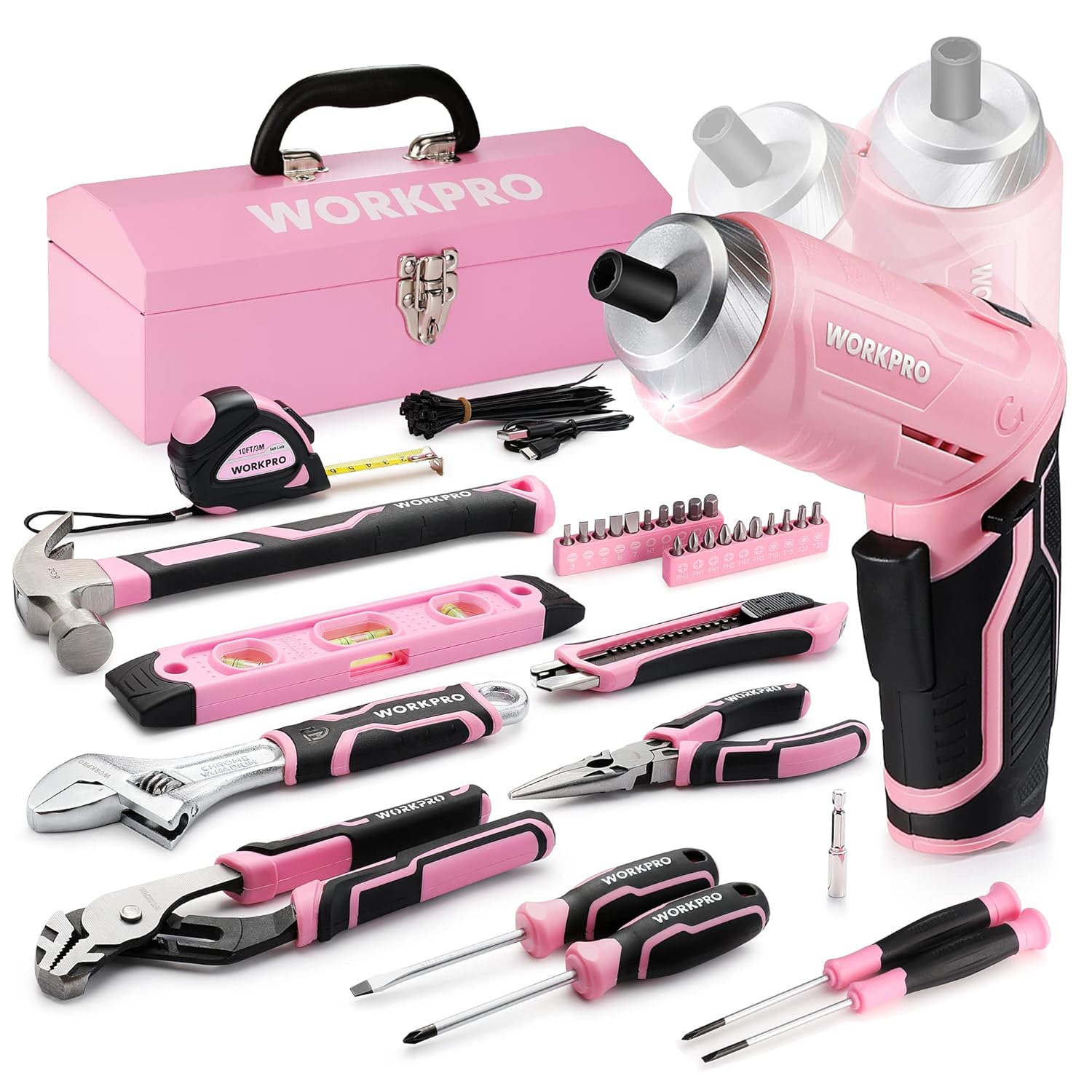🔥 Angebote & Aktionen – WORKPRO 73-Piece Tool Set Pink with Cordless Screwdriver, Small, Pink Metal Tool Box Filled for Household Repair with Spirit Level, Water Pump Pliers, Gift for Mum DIY