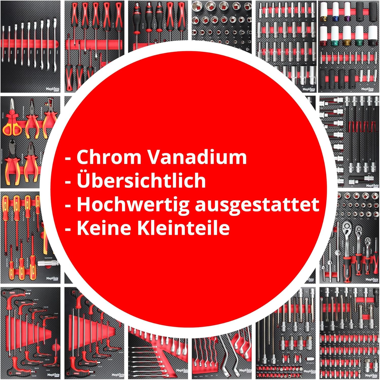 ⚡ Elektro & Technik – Mephisto ProLine 'Full Black' Werkstattwagen mit 9 Schubladen, davon 9 gefüllt mit Werkzeugen wie Schraubenschlüssel, Ratsche mit Nussbox, Schraubendreher, VDE in Soft-Einlagen in Carbon-Optik – Bild 7