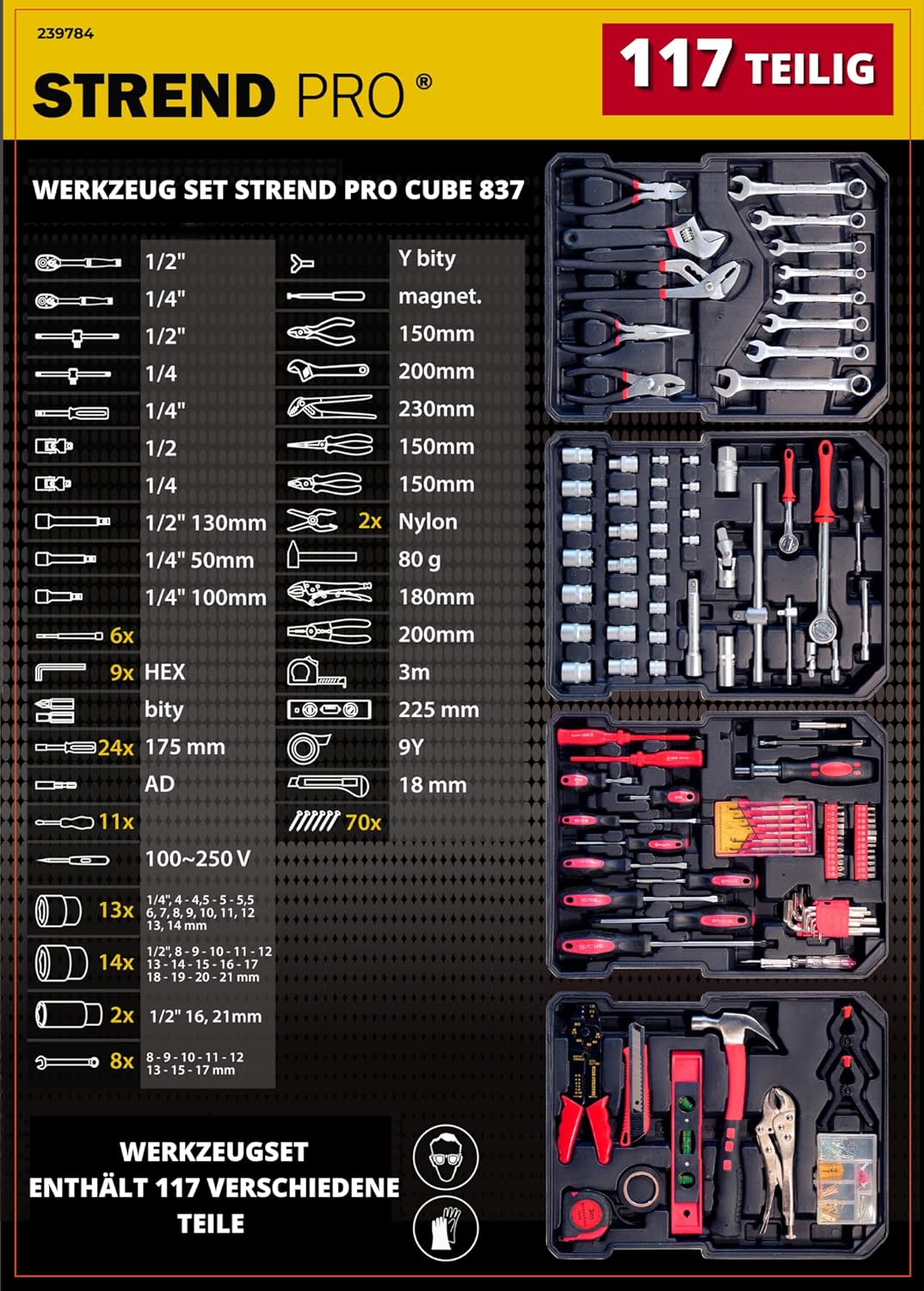 🔥 Angebote & Aktionen – STREND PRO Tool Box Filled 117 Pieces Tool Box - Perfect Hand Tool Set for DIY Tool Suitcase Trolley with Wheels - Car Rollable for Home / Car Repair - Aluminium – Bild 3