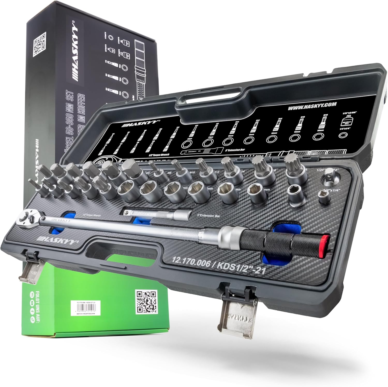🚗 KFZ & Werkstatt – HASKYY Torque Wrench Set 1/2 Inch 50-350 Nm Car with Many Accessories such as Extension Rod, Bits, Nut Inserts, Adapter