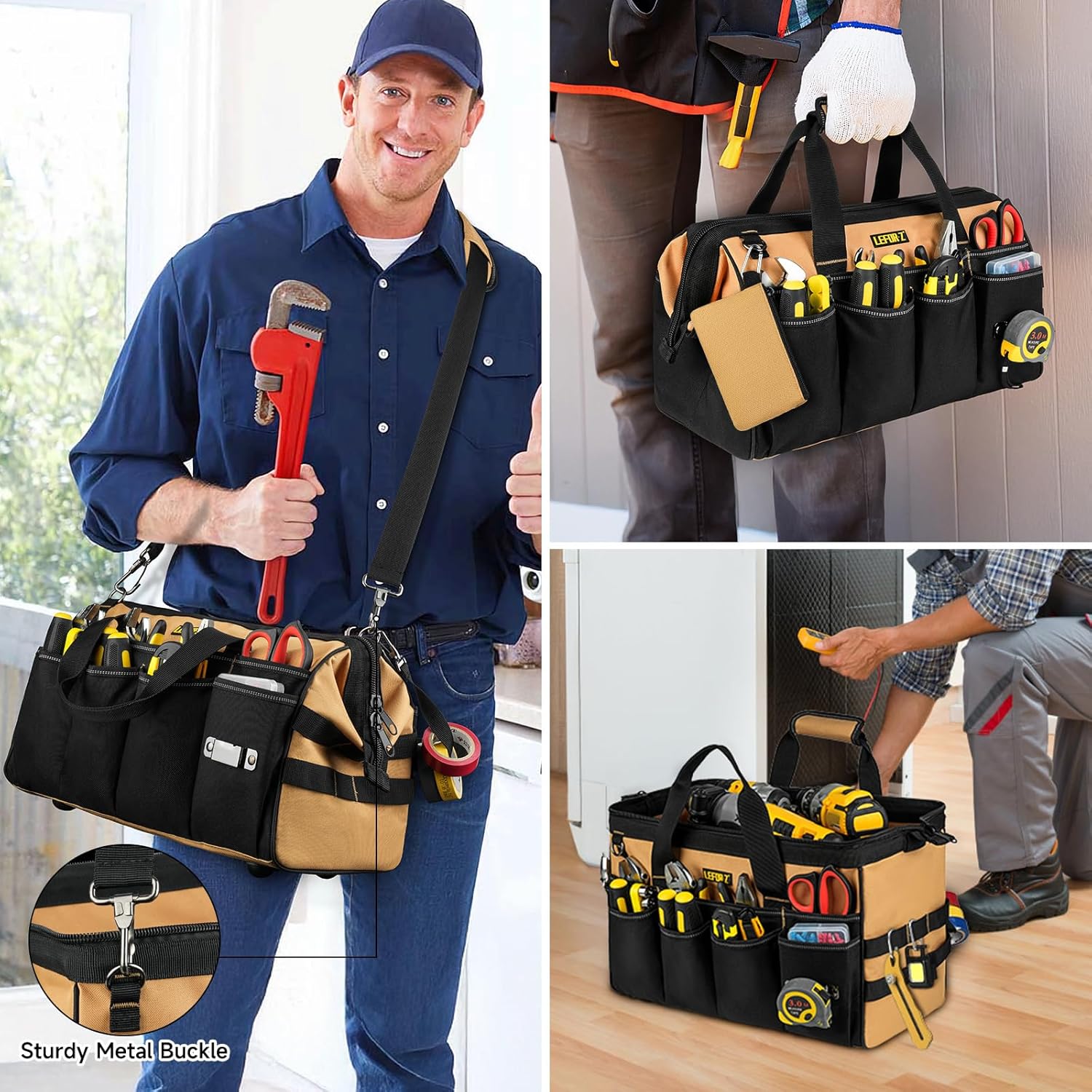 ⚡ Elektro & Technik – Werkzeugtasche klein leer, 16 Zoll robuste Werkzeugtasche mit Schultergurt, 27-Taschen-Werkzeugkasten für Herren, Weithals-Werkzeugtasche für Mechaniker, Elektriker, Tischler, Schwarzbraun – Bild 6