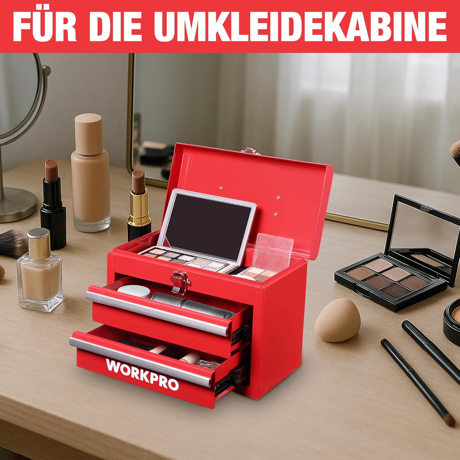🔥 Angebote & Aktionen – WORKPRO Metal Drawer Box with 2 Drawers & Top Storage Space Red, 27.5 x 15 x 20.8 cm, Table Organiser with Drawers & Handle for Office, Changing Room and Desk, Portable Tool Box – Bild 6