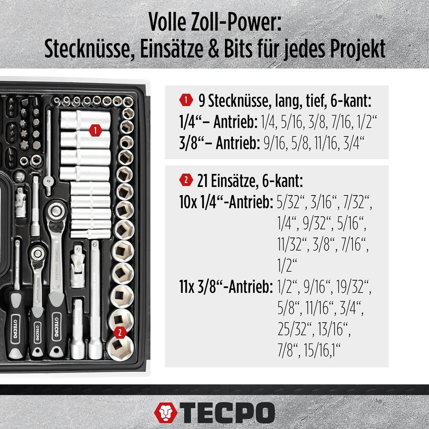 🚗 KFZ & Werkstatt – Tecpo 300383 Inch Tool Set - Harley Socket Spanner Nut Set - Ratchet Box - Socket Box – Bild 5