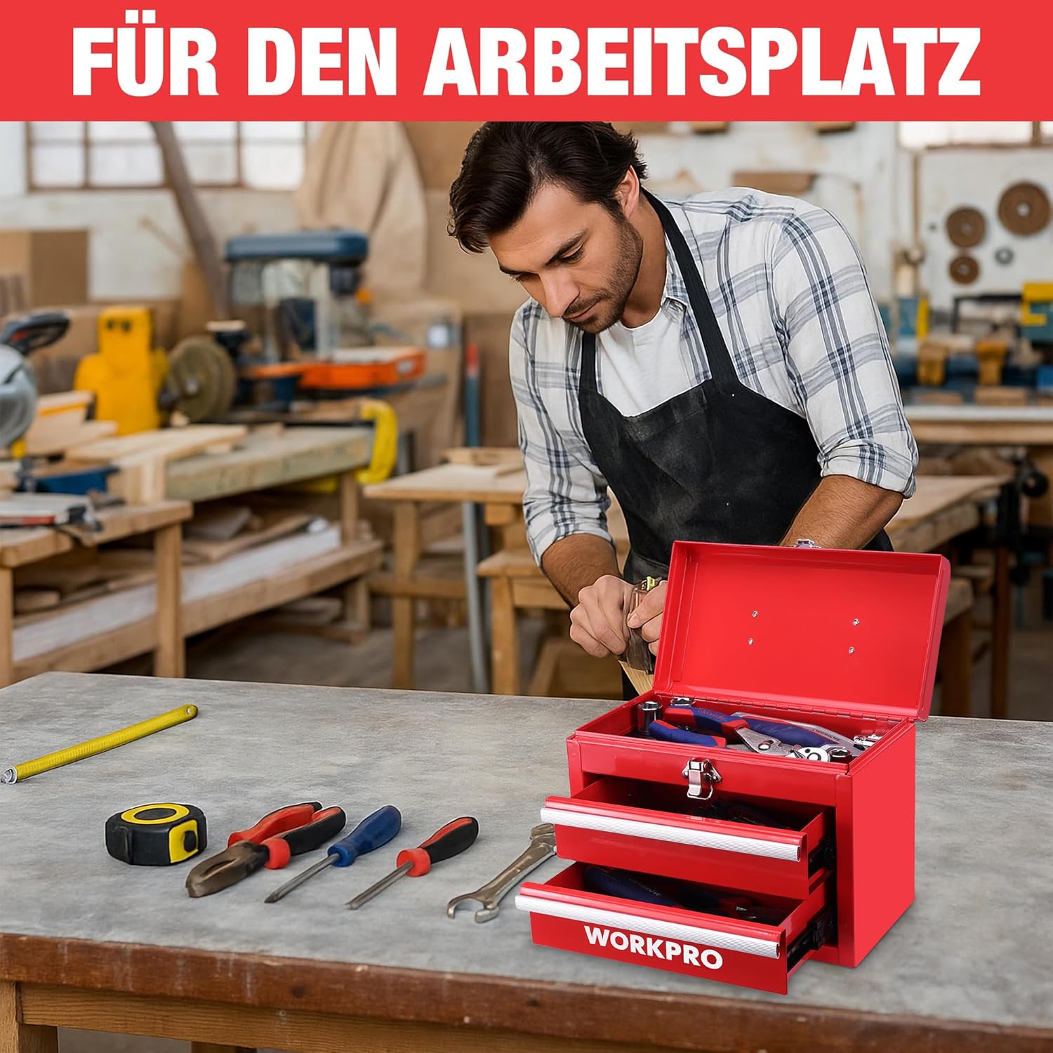 🔥 Angebote & Aktionen – WORKPRO Metal Drawer Box with 2 Drawers & Top Storage Space Red, 27.5 x 15 x 20.8 cm, Table Organiser with Drawers & Handle for Office, Changing Room and Desk, Portable Tool Box – Bild 5