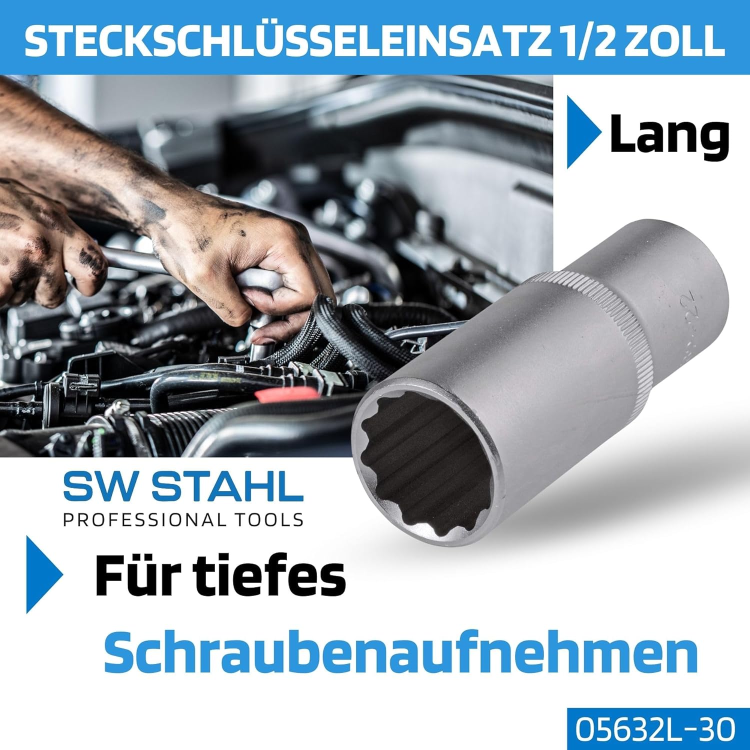 🚗 KFZ & Werkstatt – SW-Stahl 05632L-30 Socket Spanner Insert 1/2 Inch I 30 mm I 12 Point I Multi-Tooth Socket I Long I Socket Set – Bild 2