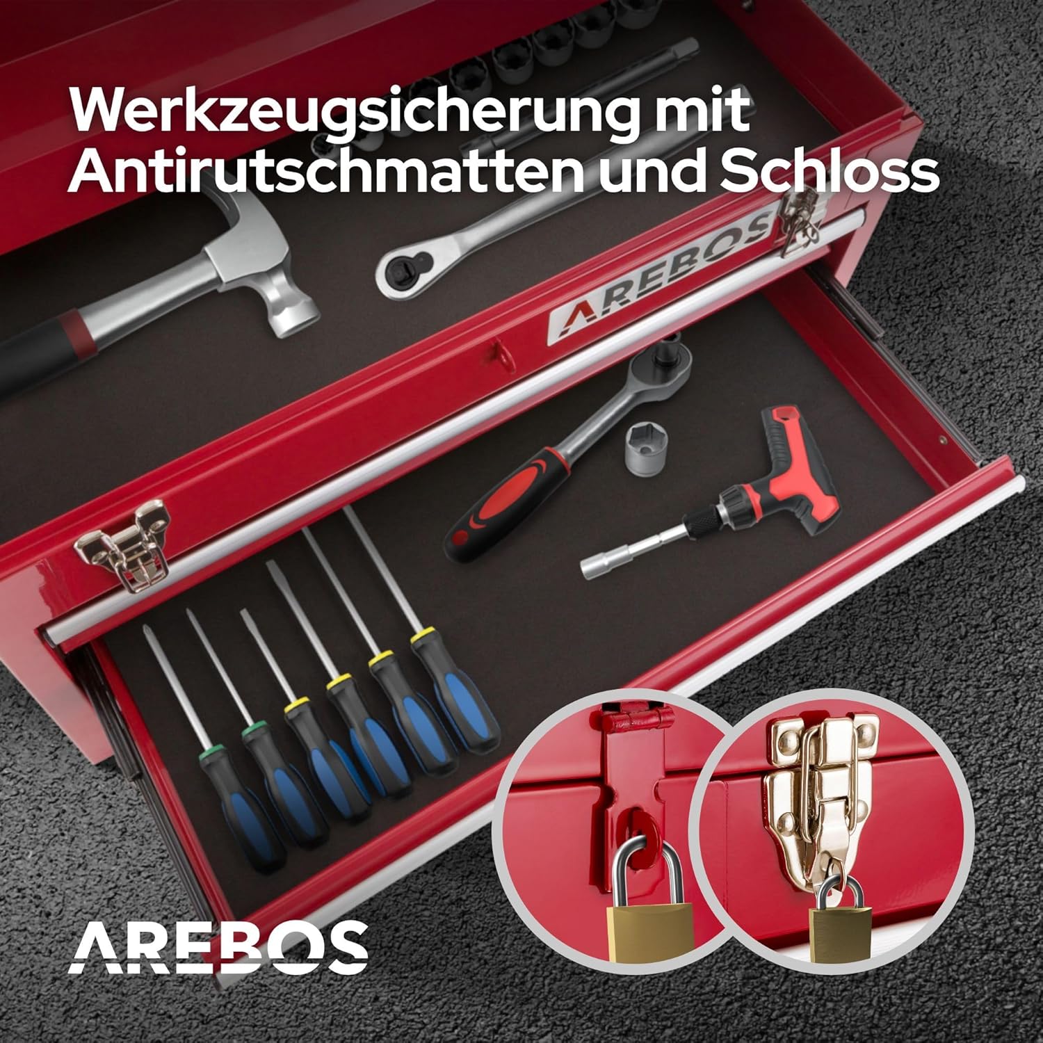 🔥 Angebote & Aktionen – Arebos Tool Box with 3 Drawers and 2 Storage Compartments 52 x 22 x 30.5 cm | Lockable Tool Box | Tool Box with Carry Handle & Snap Fasteners | Non-Slip Mats | Red – Bild 5