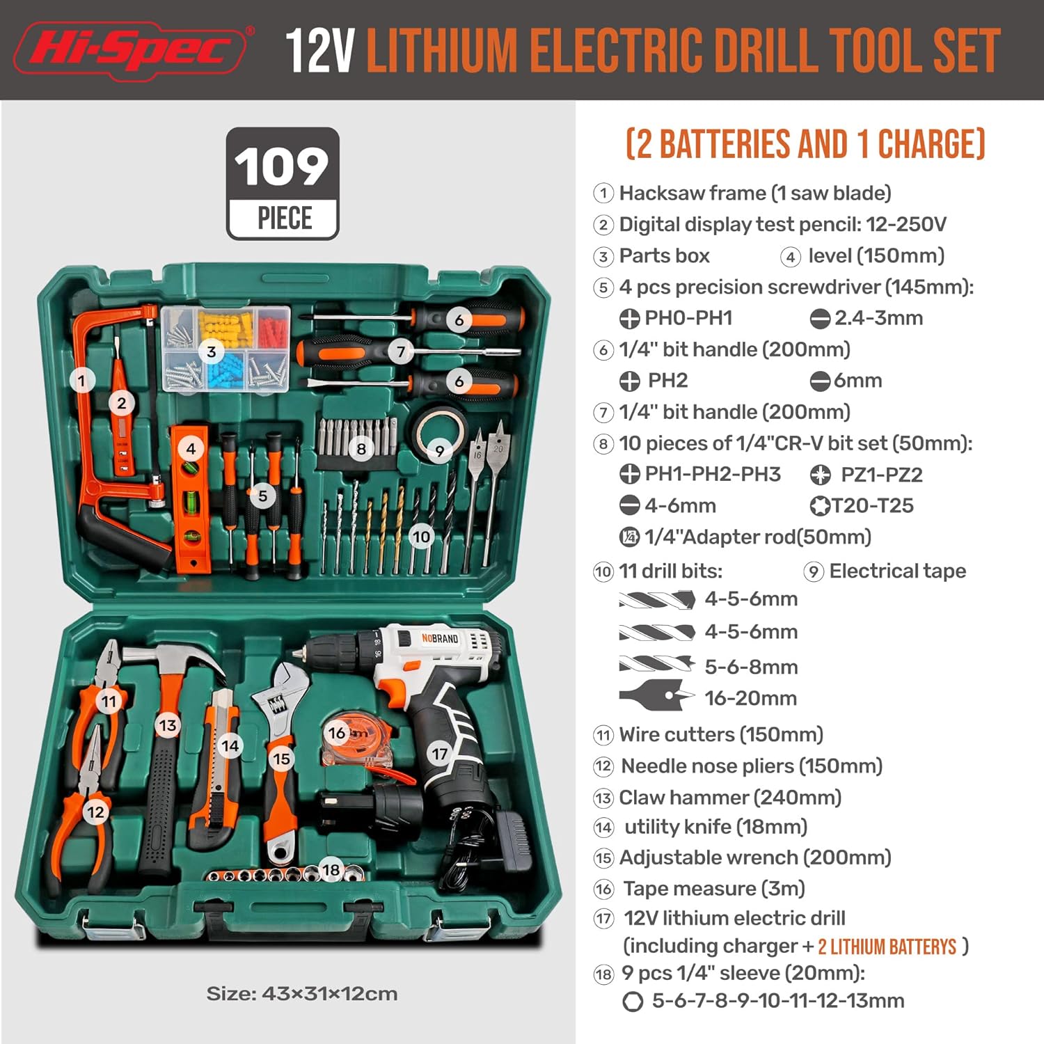 🔥 Angebote & Aktionen – Hi-Spec Tool Box with 12 V Cordless Screwdriver, 2 Batteries Included, Drill Set and a Variety of Tools in a Practical Tool Box – Bild 2