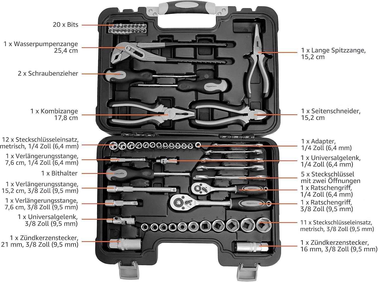 🚗 KFZ & Werkstatt – Amazon Basics 65 Piece Household Tool Kit - Black, Grey – Bild 2