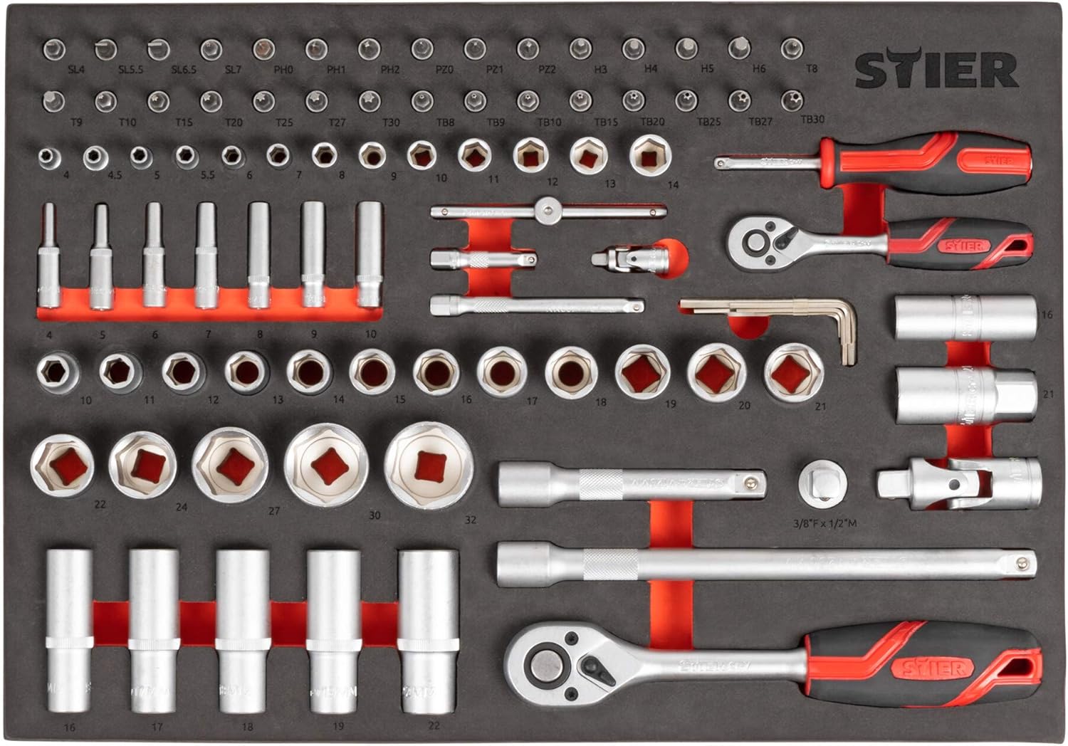 🚗 KFZ & Werkstatt – STIER Socket Spanner Set, 92 Pieces, 1/4 Inch 1/2 Inch with Reversible Ratchets, in Soft Foam Insert, as Inlay Workshop Trolley, Chrome Vanadium Steel