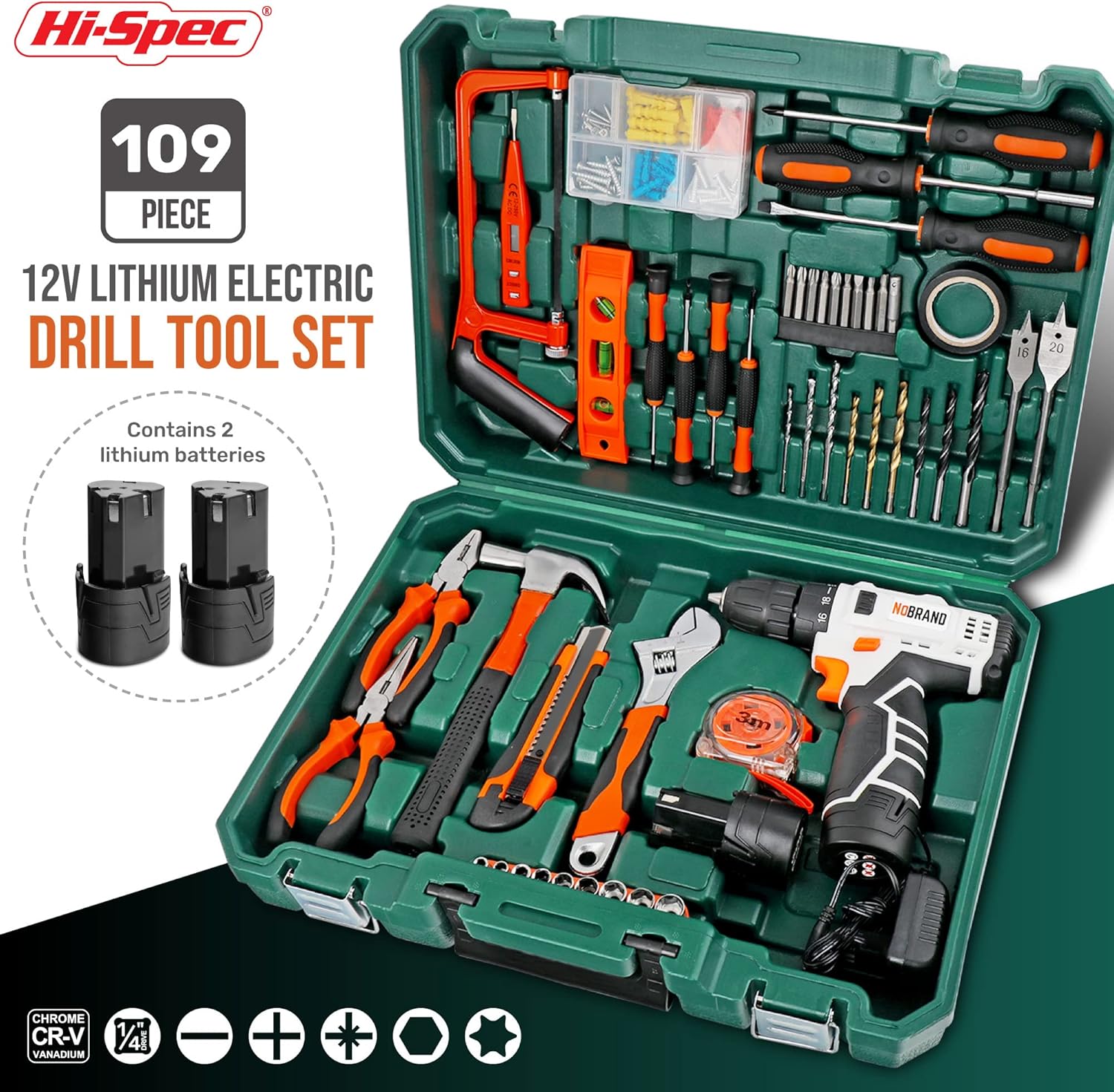 🔥 Angebote & Aktionen – Hi-Spec Tool Box with 12 V Cordless Screwdriver, 2 Batteries Included, Drill Set and a Variety of Tools in a Practical Tool Box – Bild 7