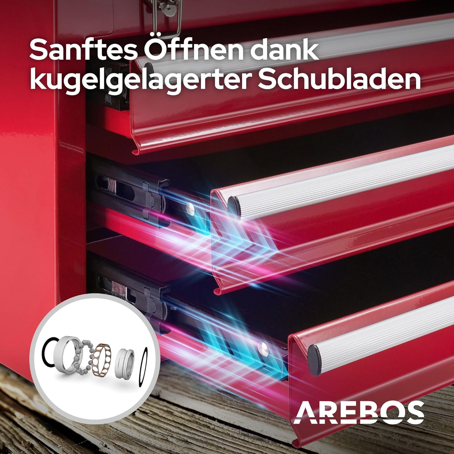 🔥 Angebote & Aktionen – Arebos Tool Box with 3 Drawers and 2 Storage Compartments 52 x 22 x 30.5 cm | Lockable Tool Box | Tool Box with Carry Handle & Snap Fasteners | Non-Slip Mats | Red – Bild 4
