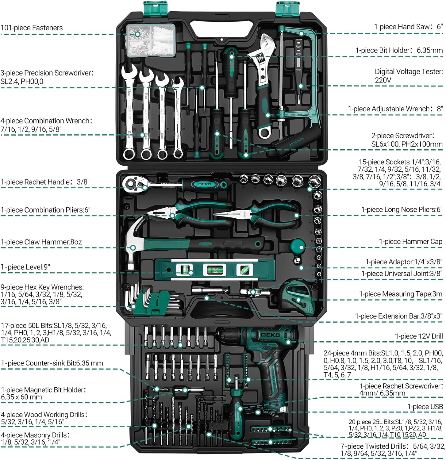 ⚡ Elektro & Technik – 238-tlg Werkzeugkoffer Gefüllt: DEKO Werkzeugset mit 12V Akkubohrer,Schubladen-Werkzeugkasten (einfach Zugriff),für Männer/Frauen – Hausreparaturen, Fahrzeugwartung,Heimwerken(Grün) – Bild 2