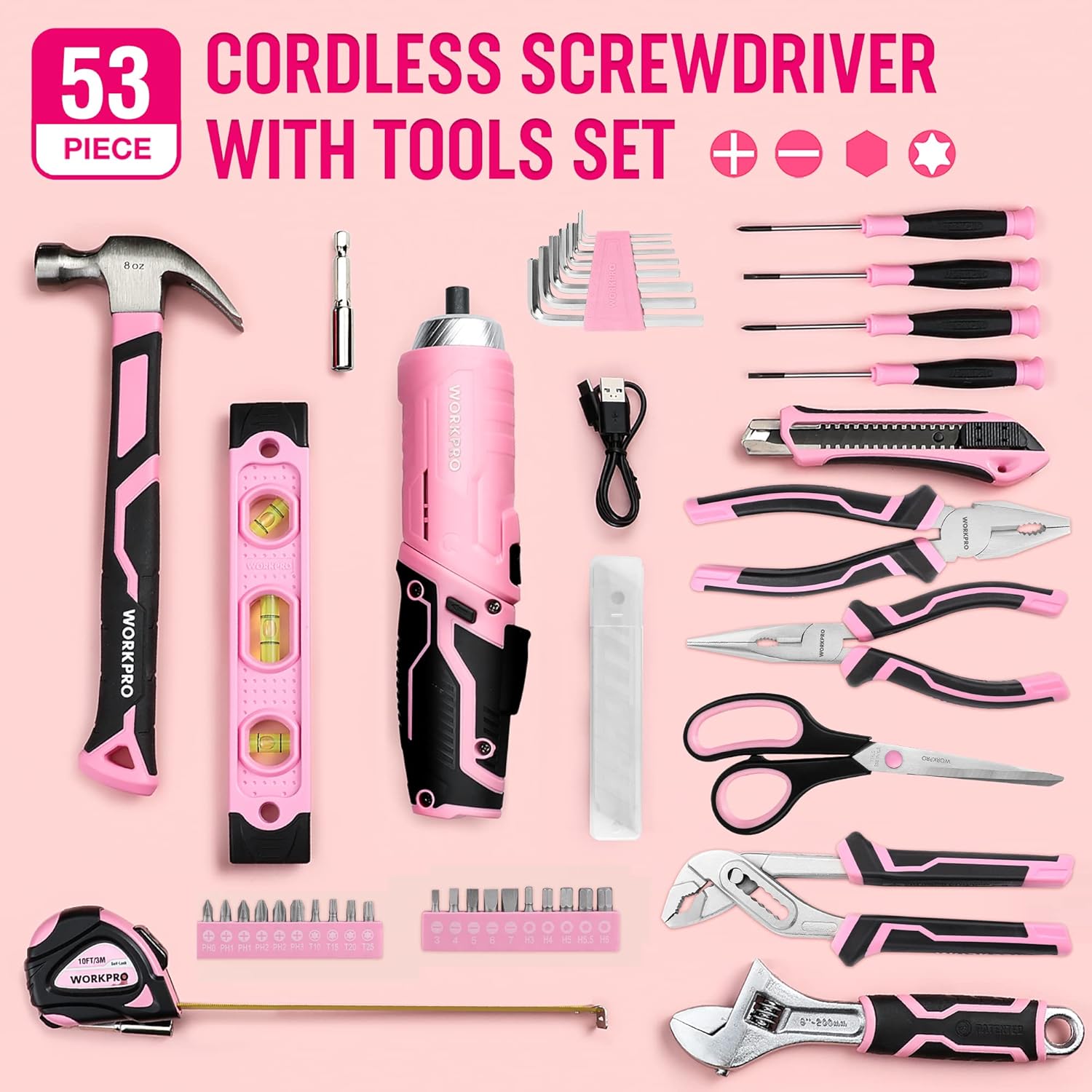 🔥 Angebote & Aktionen – WORKPRO 53-Piece Tool Set Pink with Cordless Screwdriver Small Pink Tool Bag Filled for Household Repair with Spirit Level, Water Pump Pliers, Gifts for Mother, Home Owner – Bild 2