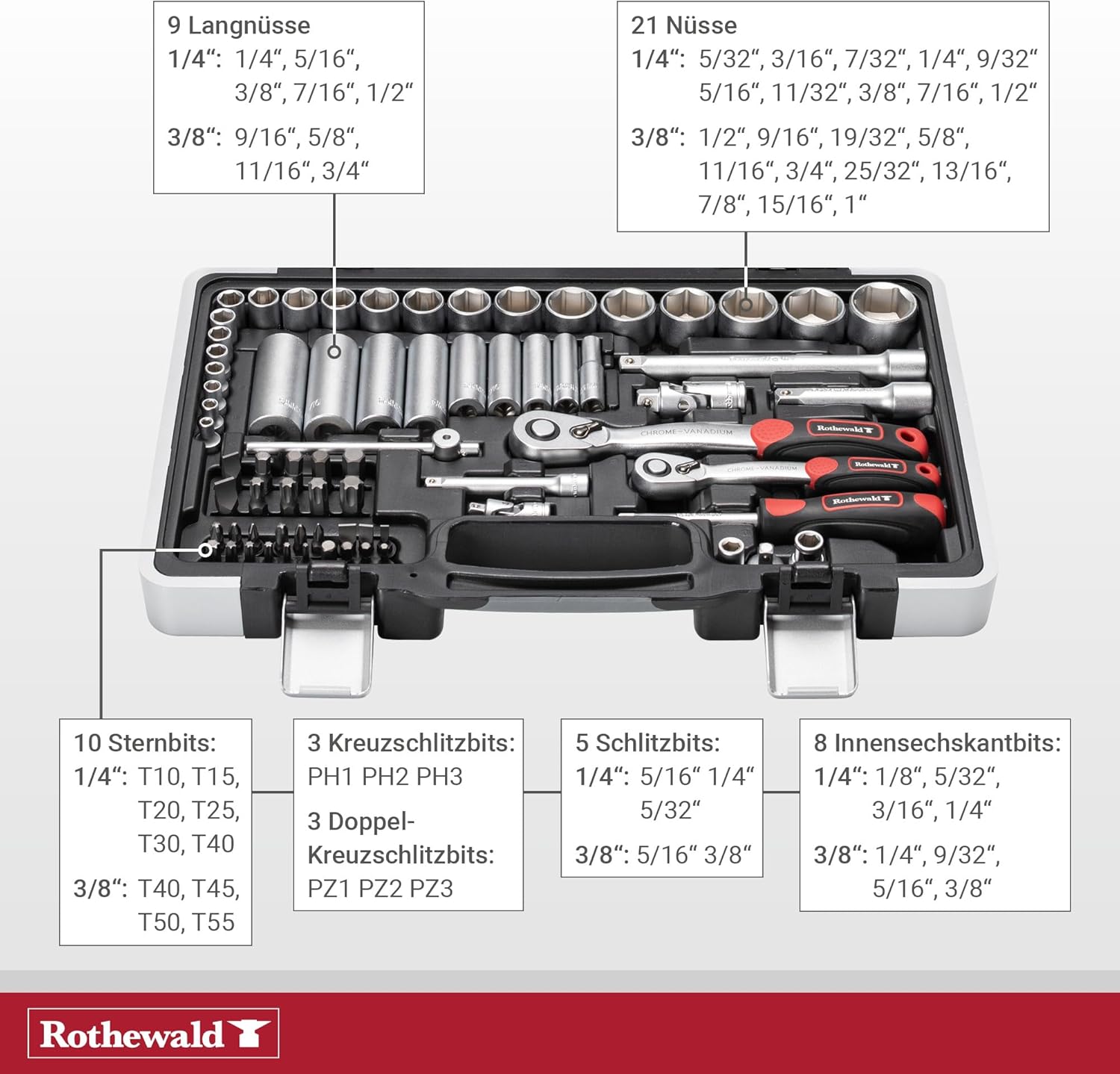 🚗 KFZ & Werkstatt – Inch Tool Set, 92 Pieces, Removable Bit Holder for Inch Bits, Fine Toothed Ratchets, Facilitates Controlled Screwing, Chrome Vanadium Steel – Bild 4