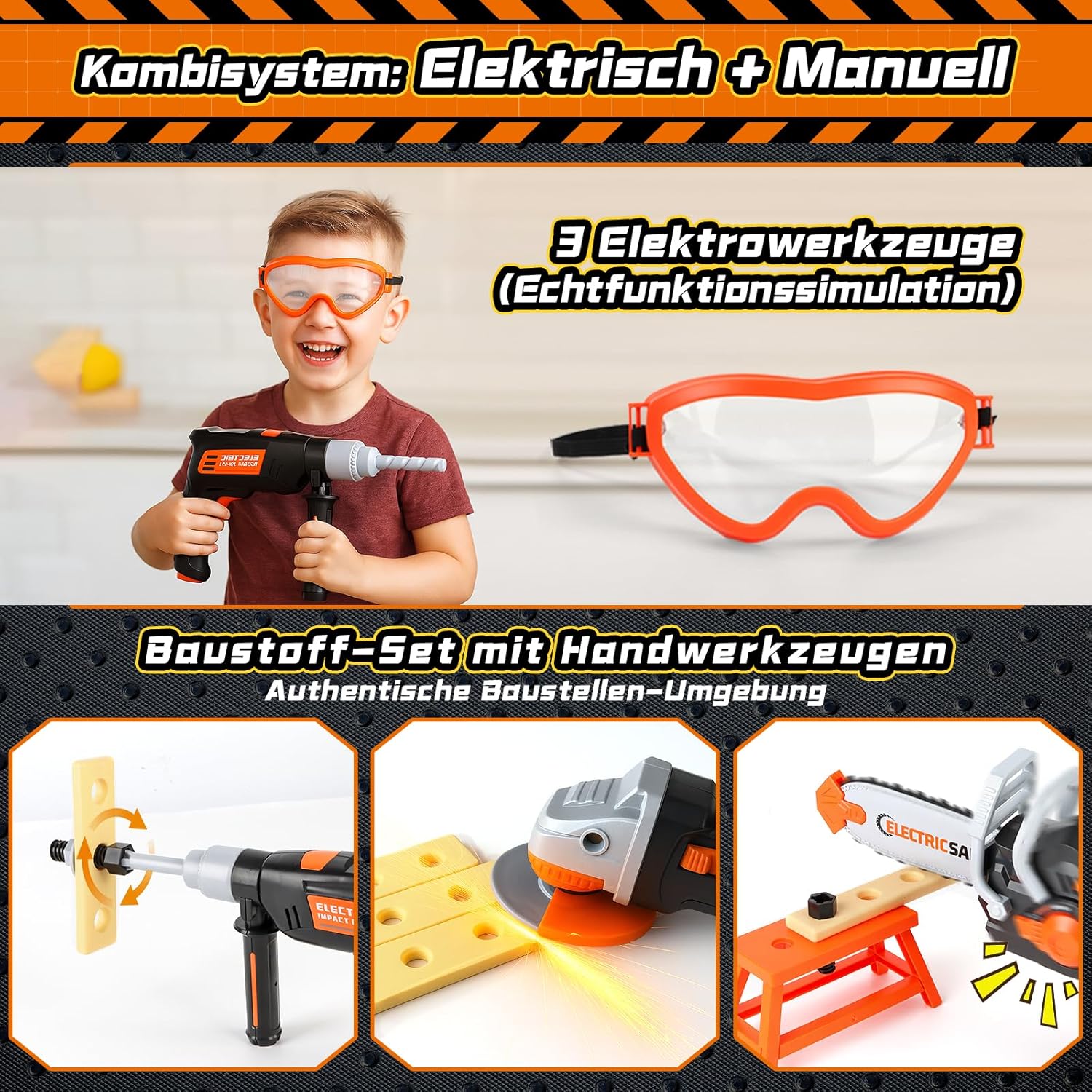 ⚡ Elektro & Technik – Kinder Werkzeugkasten, Werkzeugset Kinder mit Kettensäge & Bohrmaschine & Winkelschleifer, Rollenspielspielzeug ab 3 4 5 6 7 8 Jahre Jungen Mädchen (50 Teile) – Bild 6