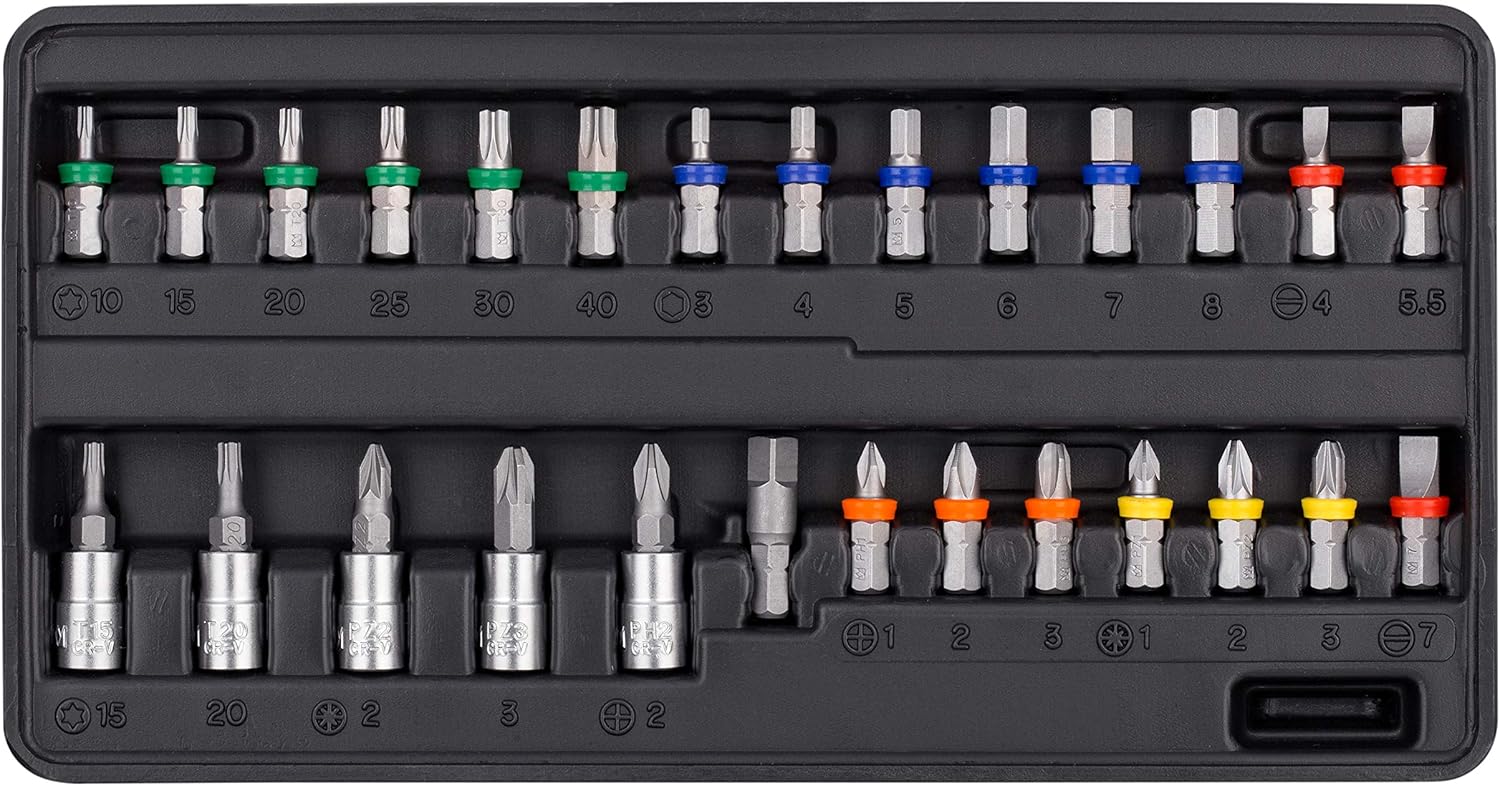 🚗 KFZ & Werkstatt – Connex Bit and socket spanner set, 52 pieces, sturdy plastic case, 1/4 inch, reversible ratchet with quick release function, for assembly and screwing, socket and bit set, COXB365010 – Bild 5