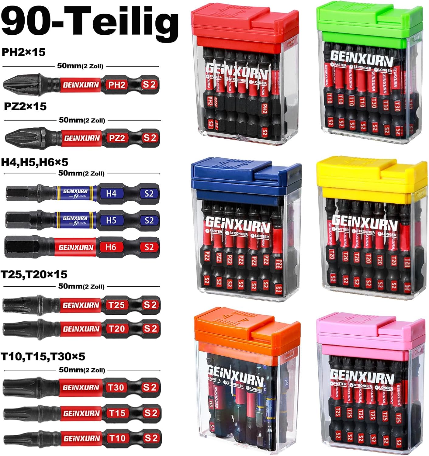⚡ Elektro & Technik – Schlagfestes Schraubendreher-Bit-Set, 90-teilig, 50 mm, magnetisch (PH2/PZ2/T10/T15/T20/T25/T30/Hex) S2-Stahl-Mehrfach-Schraubendreher-Bits mit Aufbewahrung, bunte Box – Bild 2