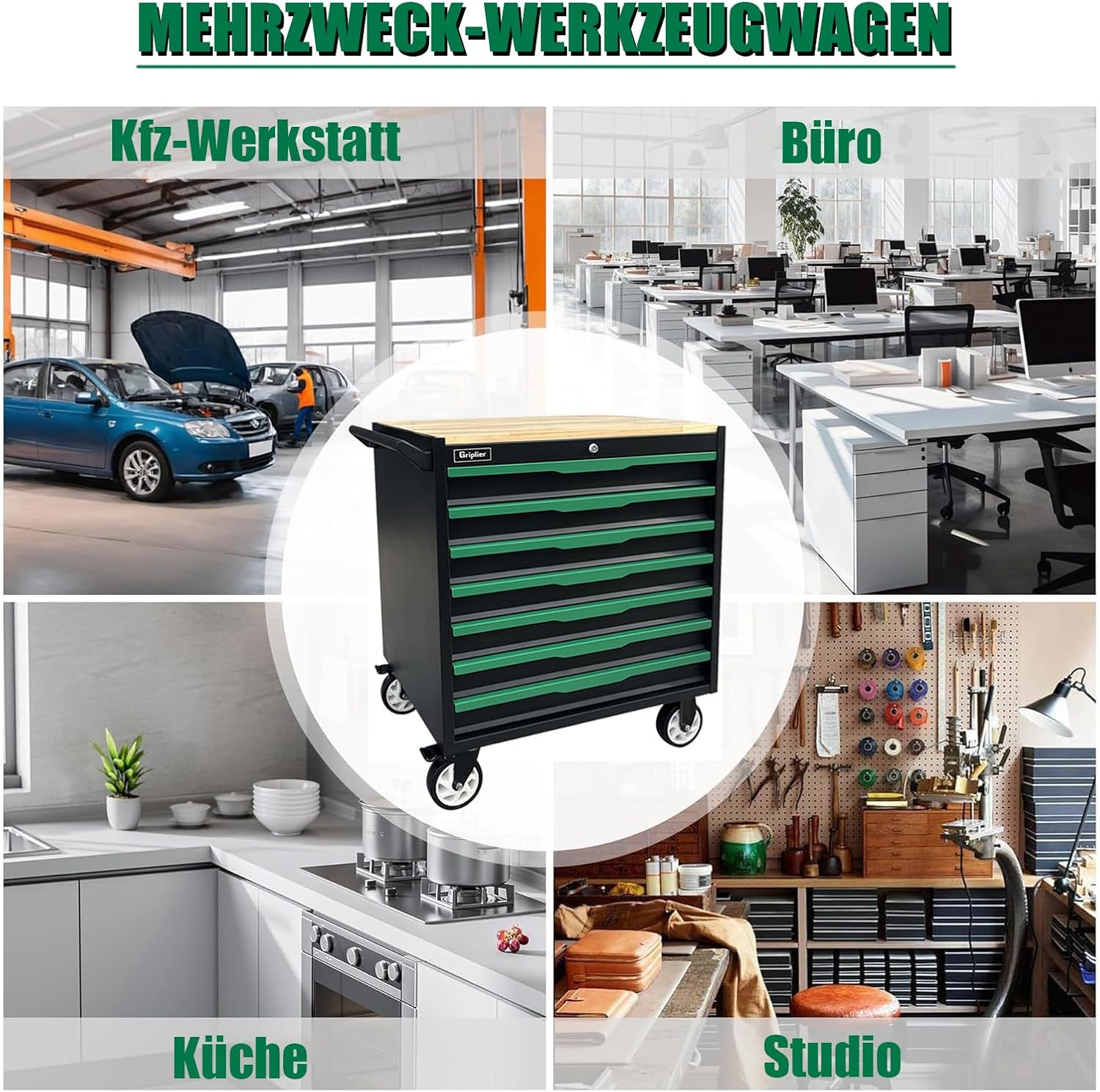 ⚒️ Bau & Montage – Werkstattwagen, 7 Schubladen, Bremsrad, schwarz/grün, robust, rollbar, mit Holzarbeitsplatte, 79,5 x 48 x 82 cm, Tragkraft 300 kg (7 Schubladen) – Bild 7