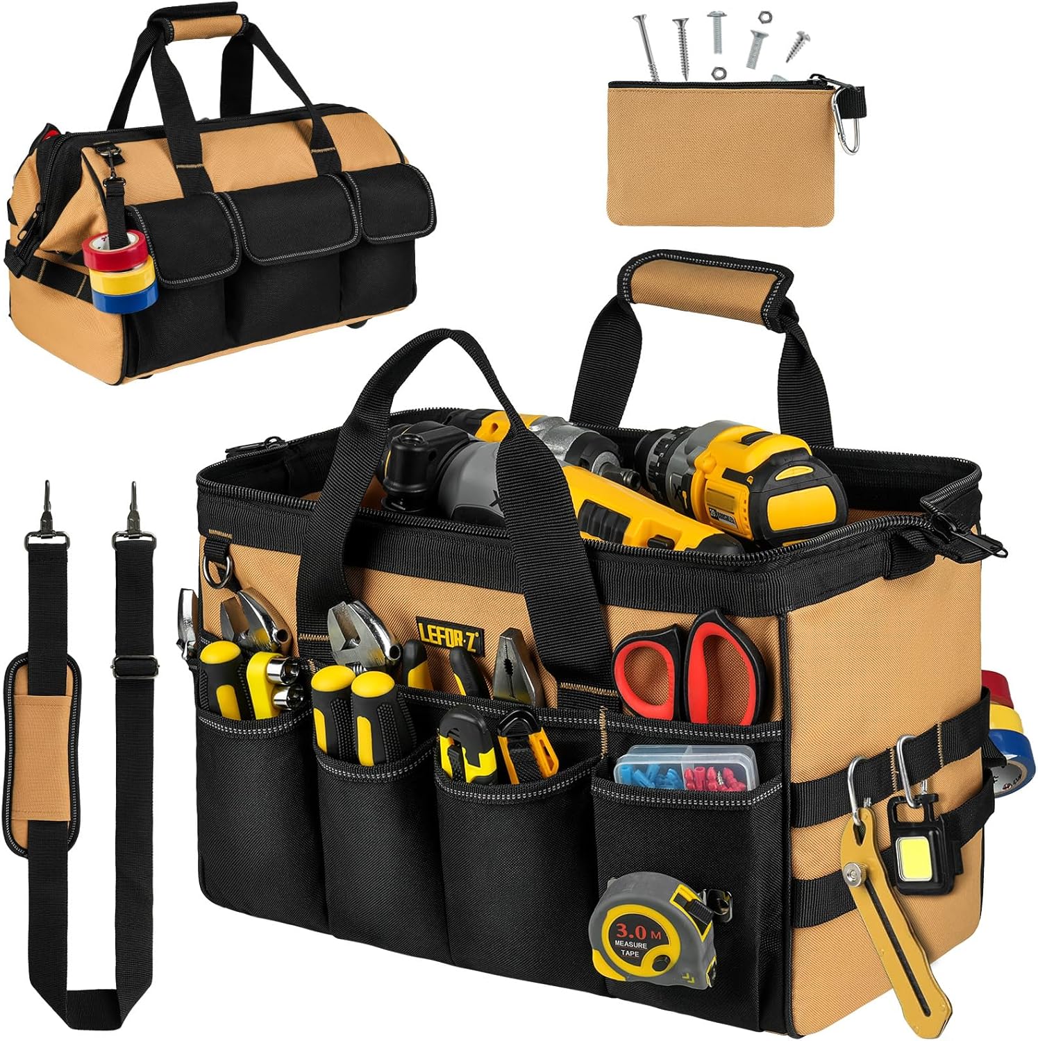 ⚡ Elektro & Technik – Werkzeugtasche klein leer, 16 Zoll robuste Werkzeugtasche mit Schultergurt, 27-Taschen-Werkzeugkasten für Herren, Weithals-Werkzeugtasche für Mechaniker, Elektriker, Tischler, Schwarzbraun