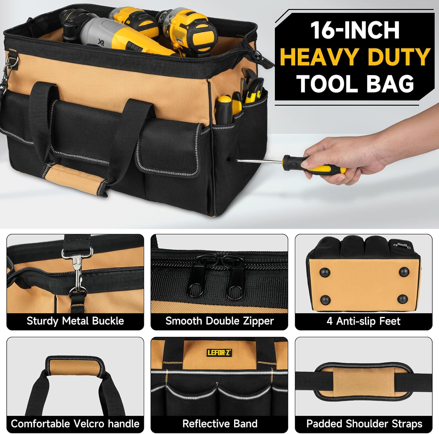 ⚡ Elektro & Technik – Werkzeugtasche klein leer, 16 Zoll robuste Werkzeugtasche mit Schultergurt, 27-Taschen-Werkzeugkasten für Herren, Weithals-Werkzeugtasche für Mechaniker, Elektriker, Tischler, Schwarzbraun – Bild 5