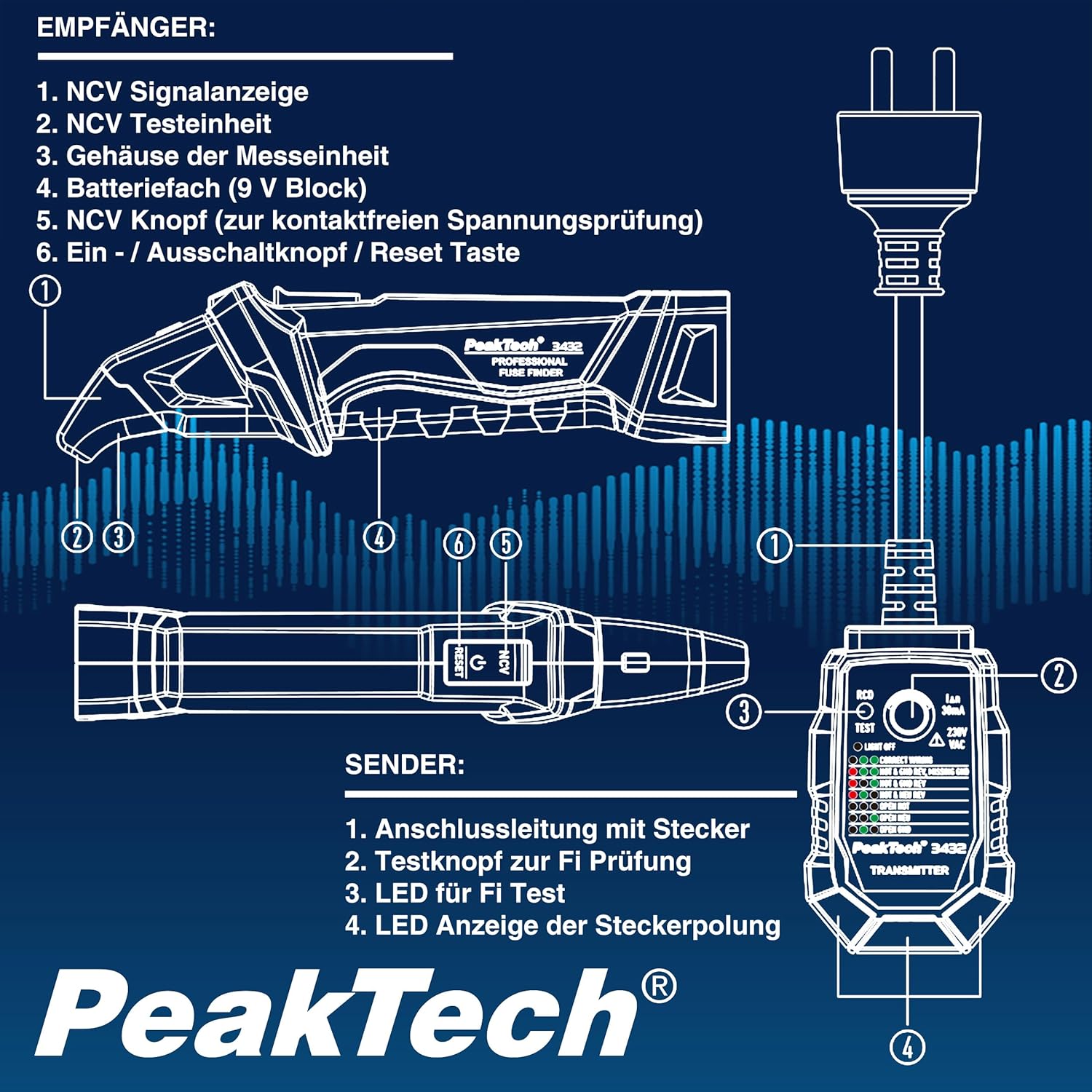 ⚡ Elektro & Technik – PeakTech 3432 Sicherungsfinder, Detektor für Stromkreise, berührungsloser Spannungsprüfer mit Steckdosenprüfer für 230 V Schuko – NCV Phasenprüfer / Leitungsdetektor / Stromprüfer – Bild 7