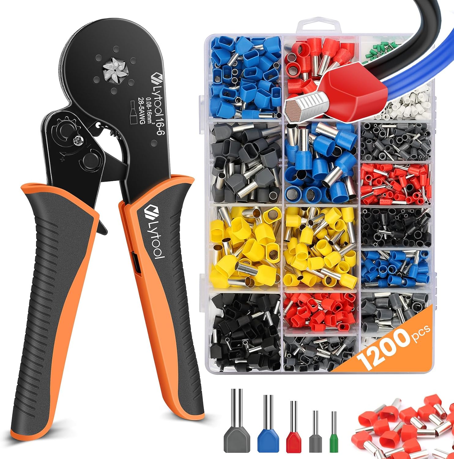 ⚡ Elektro & Technik – Crimpzange 0,08-16 mm² Set, Lytool Aderendhülsenzange Crimpzange Sechskant-Crimpzange mit 1200 Twin- und Single-Line-Aderendhülsen-Set für isoliertes unisoliertes Crimpen