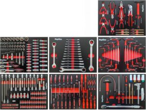 🚗 KFZ & Werkstatt – Mephisto 7 Tool Trolley Insert Set with Tools such as Ratchet Set, Ratchet Combination Spanner, Ring Spanner with Ratchet Function, Ratchet Spanner, Metric, in Soft Inlay with Carbon Lock