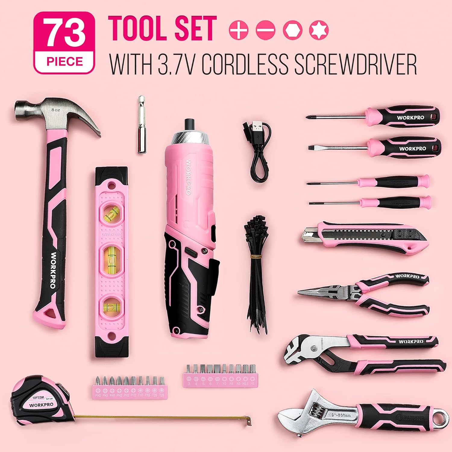 🔥 Angebote & Aktionen – WORKPRO 73-Piece Tool Set Pink with Cordless Screwdriver, Small, Pink Metal Tool Box Filled for Household Repair with Spirit Level, Water Pump Pliers, Gift for Mum DIY – Bild 2