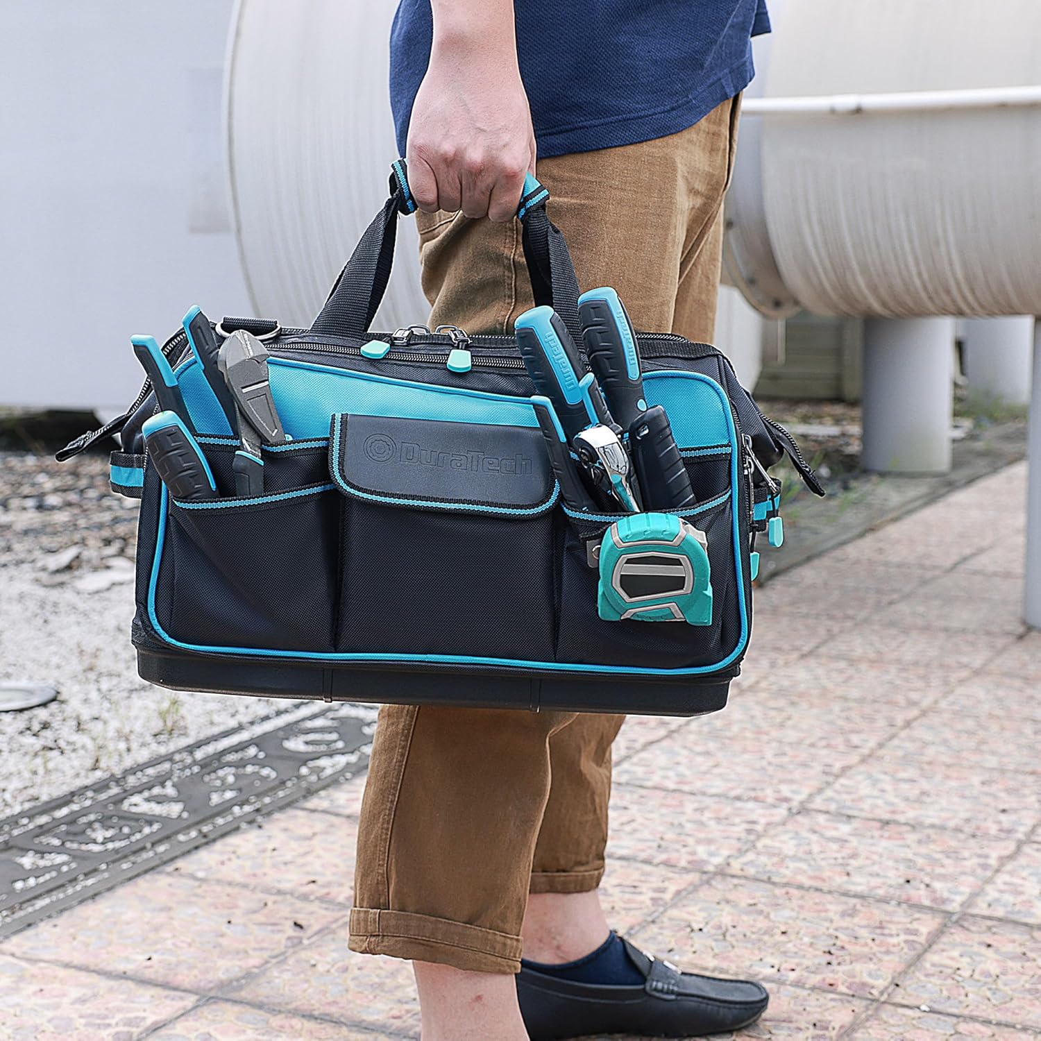 ⚡ Elektro & Technik – DURATECH Elektriker-Werkzeugtasche, wasserdicht, 43 cm, professionelle Werkzeugtasche mit breiter Öffnung und hohem Fassungsvermögen, 840D-Polyester, 32 Taschen, verstellbarer Riemen, Clip-Design, für Heimwerker – Bild 8