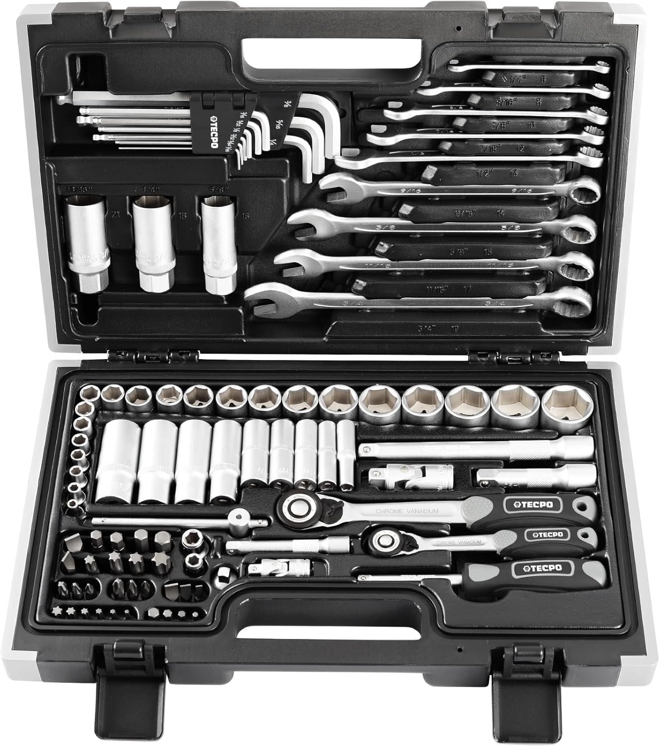 🚗 KFZ & Werkstatt – Tecpo 300383 Inch Tool Set - Harley Socket Spanner Nut Set - Ratchet Box - Socket Box – Bild 9