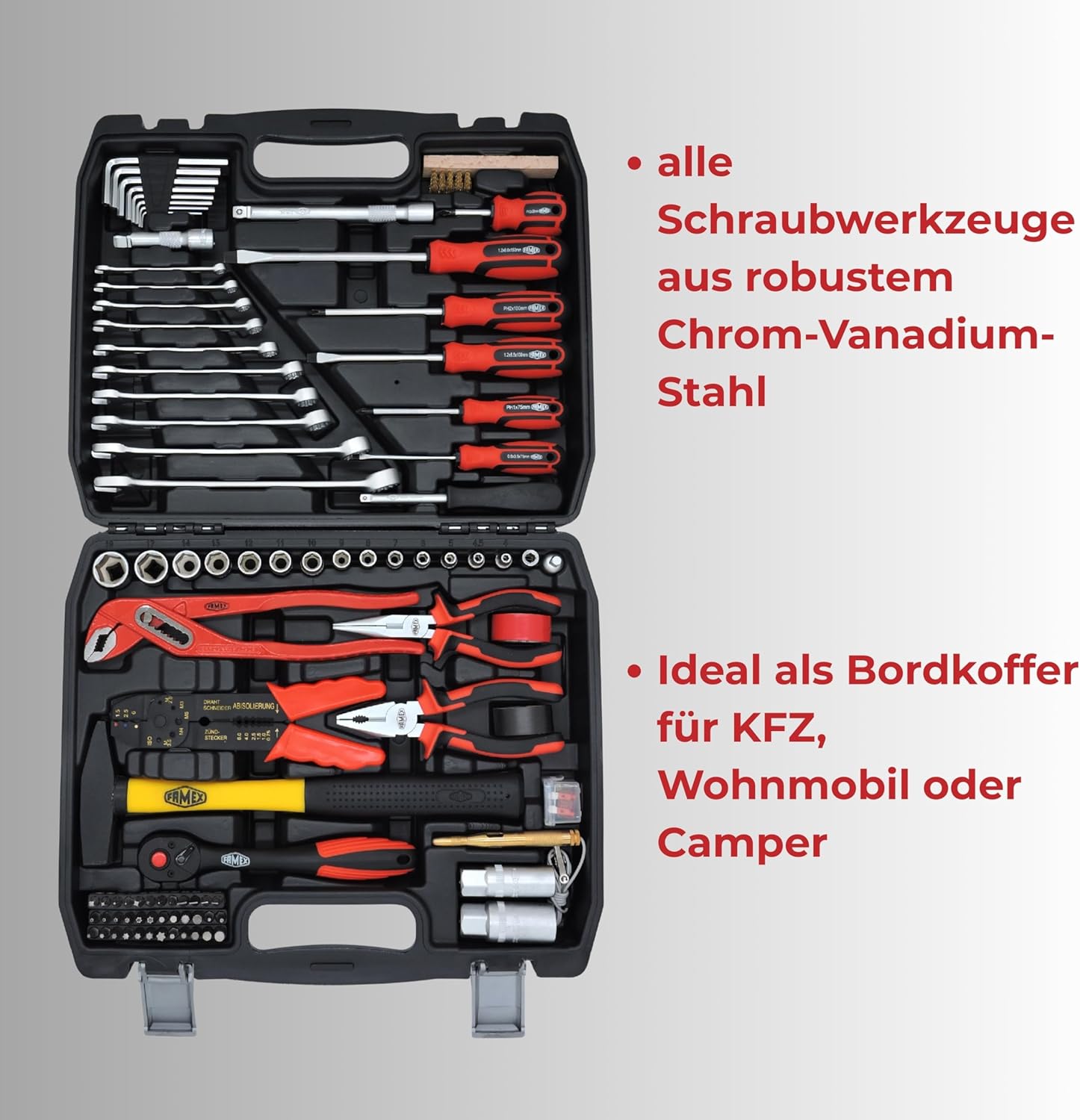 🚗 KFZ & Werkstatt – FAMEX 144-47 Tool Box Filled with High-Quality Tool Set, Compact, All Screw Tools, Chrome Vanadium, Ideal as an On-Board Case for Car, Motorhome, Camper – Bild 2