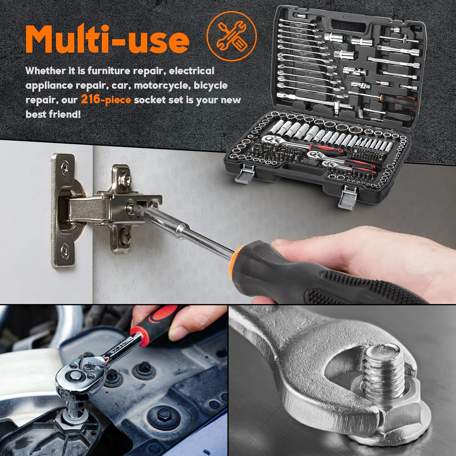 🚗 KFZ & Werkstatt – Inch Socket Spanner Set 216-Piece Tool Box with Ring Spanner and Spanner Ratchet with Nut Set Extension Adapter, Allen Key, Ratchet Box, Inch, Ratchet Box – Bild 2