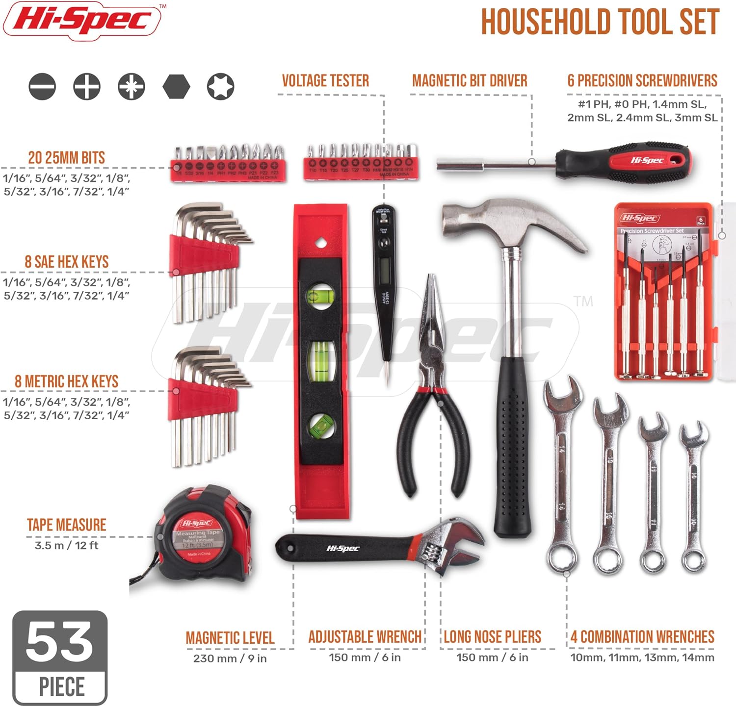 🔥 Angebote & Aktionen – Hi-Spec 53 Piece Household Tool Set, Filled Tool Box with Hammer and Screwdriver Set, Pliers, Spirit Level, Wrench and More Safely Stored in a Tool Box – Bild 2