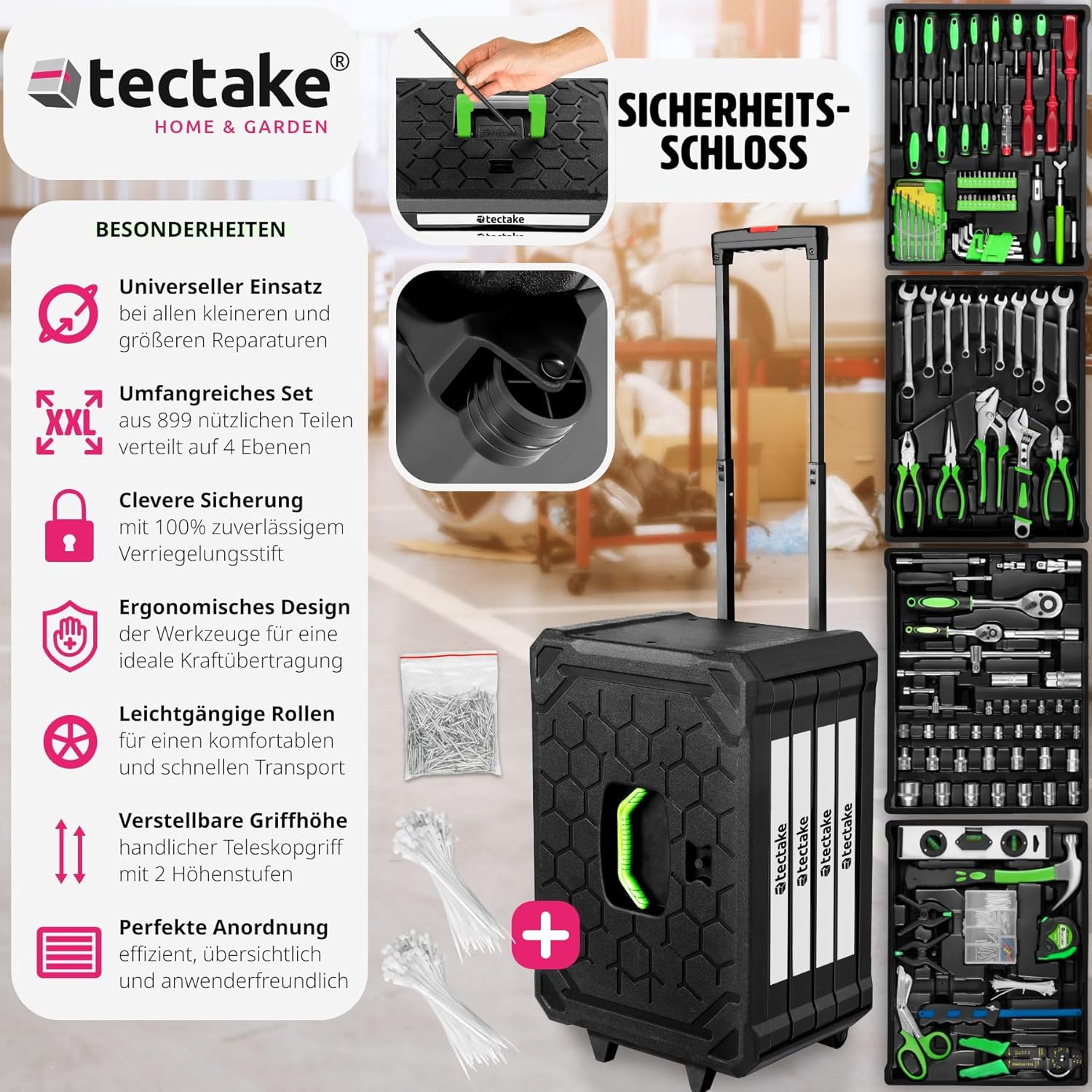 🔥 Angebote & Aktionen – tectake Tool Set in Aluminium Case, Tool Box Filled 899 Pieces, Tool Trolley with 4 Drawers, Telescopic Handle, Large Tool Box for Professional and Household - Black – Bild 2