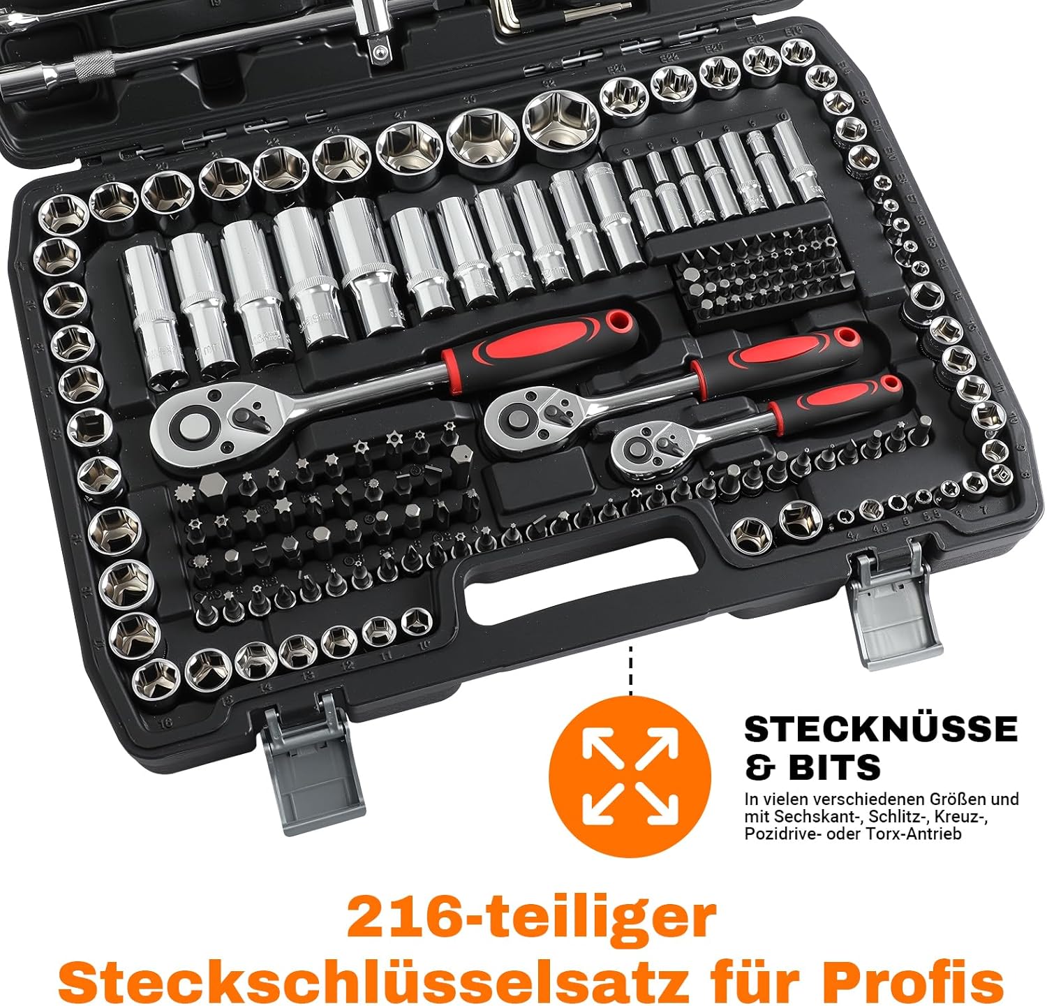🔥 Angebote & Aktionen – Socket Spanner Set, 216 Pieces, 1/2 Inch + 1/4 Inch + 3/8 Inch Socket Spanner Set, CR-V, Ratchet Case, Filled Tool Box, Ratchet Box, Ratchet, Socket Spanner and Bit Set – Bild 3