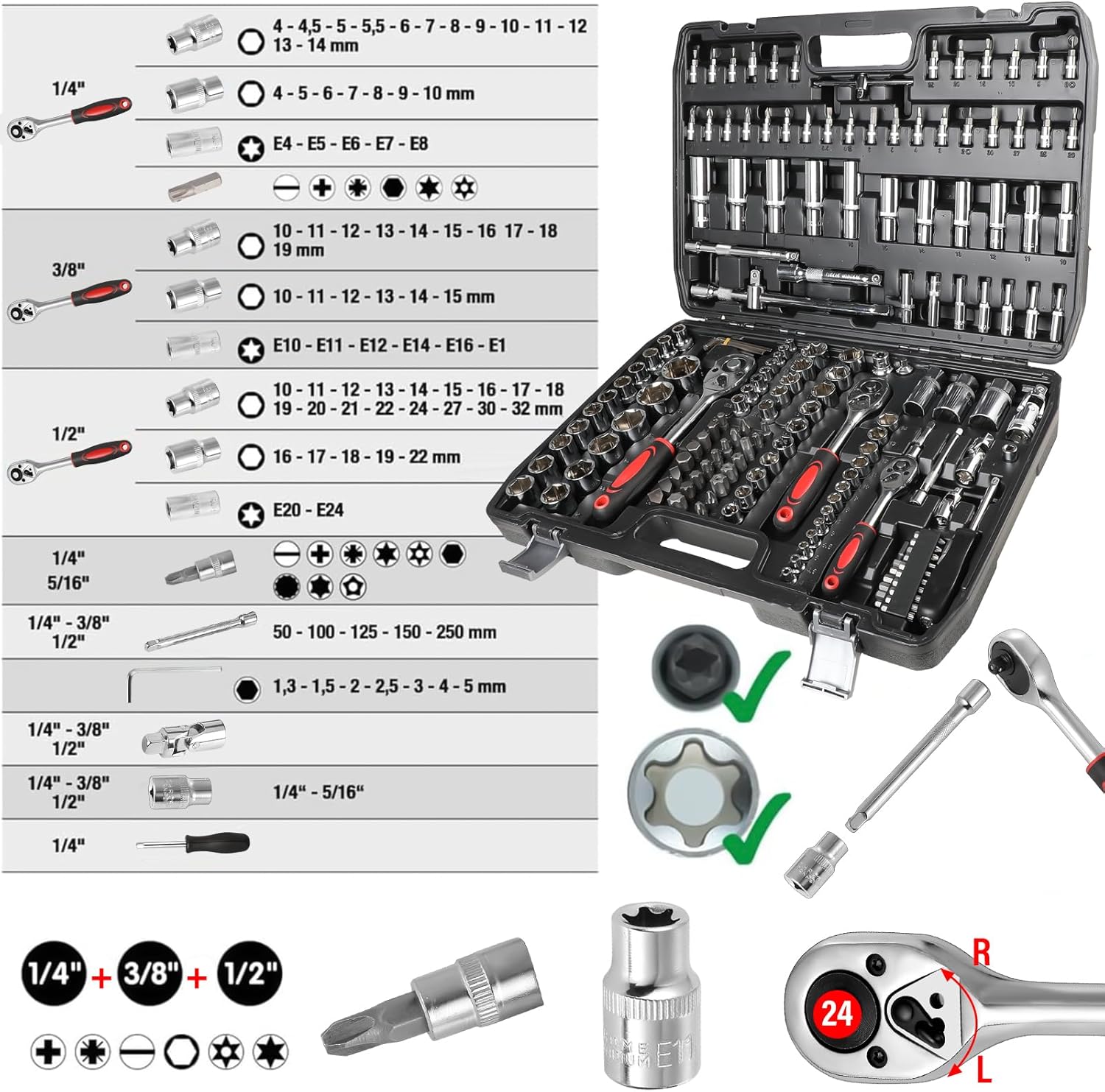 🚗 KFZ & Werkstatt – 172-Piece Socket Spanner Set Ratchet Box Socket Spanner Set 1/4 Inch 1/2 Inch 3/8 Inch – Bild 3