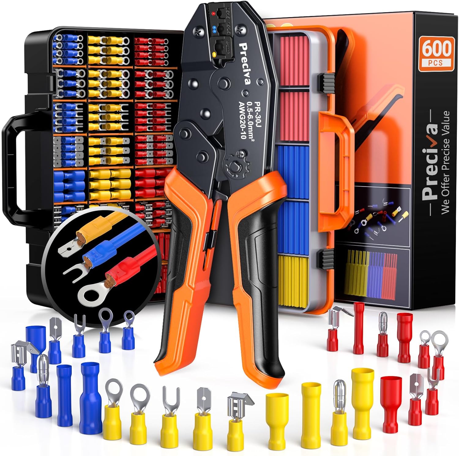 ⚡ Elektro & Technik – Preciva Crimpzangen-Set mit 600 Teilen (490 Kabelverbinder + 110 Schrumpfschläuche) Aderendhülsen-Set für 0,5–6 mm² – ergonomische Ratschen-Crimpzange mit Aufbewahrungskoffer für Auto, Elektro, Haushalt