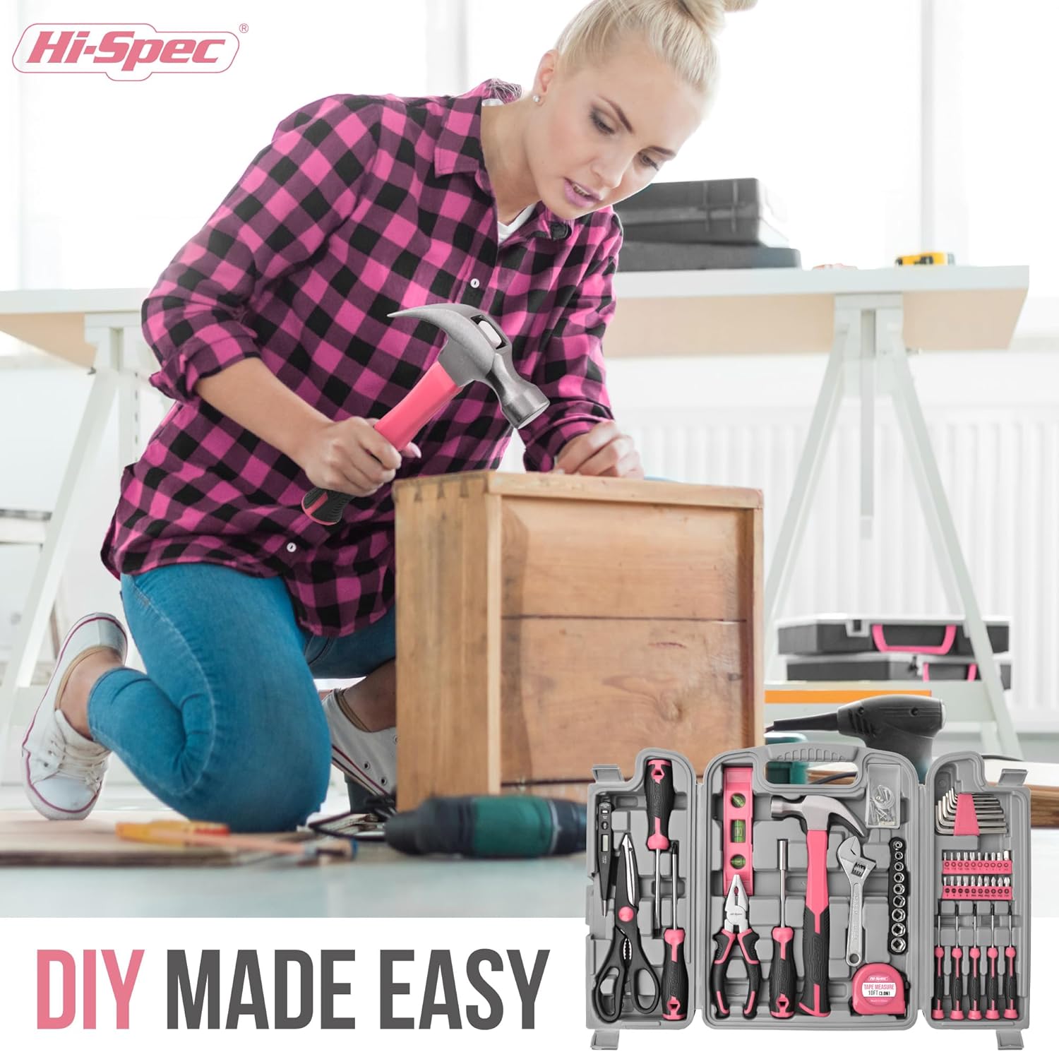 🔥 Angebote & Aktionen – Hi-Spec 54 Piece Tool Box for Women Pink with Claw Hammer, Precision Screwdriver Set, Nuts and Bit Set. Hand Tool in Pink for Household Projects – Bild 6