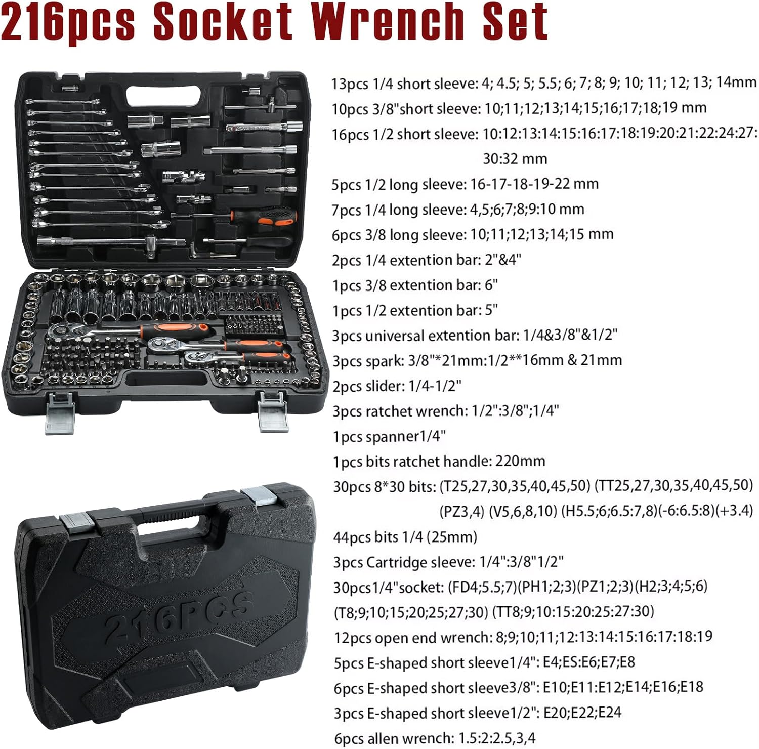 🔥 Angebote & Aktionen – Socket Spanner Set, 216 Pieces, 1/2 Inch + 1/4 Inch + 3/8 Inch Socket Spanner Set, CR-V, Ratchet Case, Filled Tool Box, Ratchet Box, Ratchet, Socket Spanner and Bit Set – Bild 6