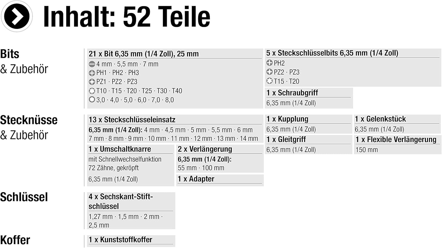 🚗 KFZ & Werkstatt – Connex Bit and socket spanner set, 52 pieces, sturdy plastic case, 1/4 inch, reversible ratchet with quick release function, for assembly and screwing, socket and bit set, COXB365010 – Bild 2