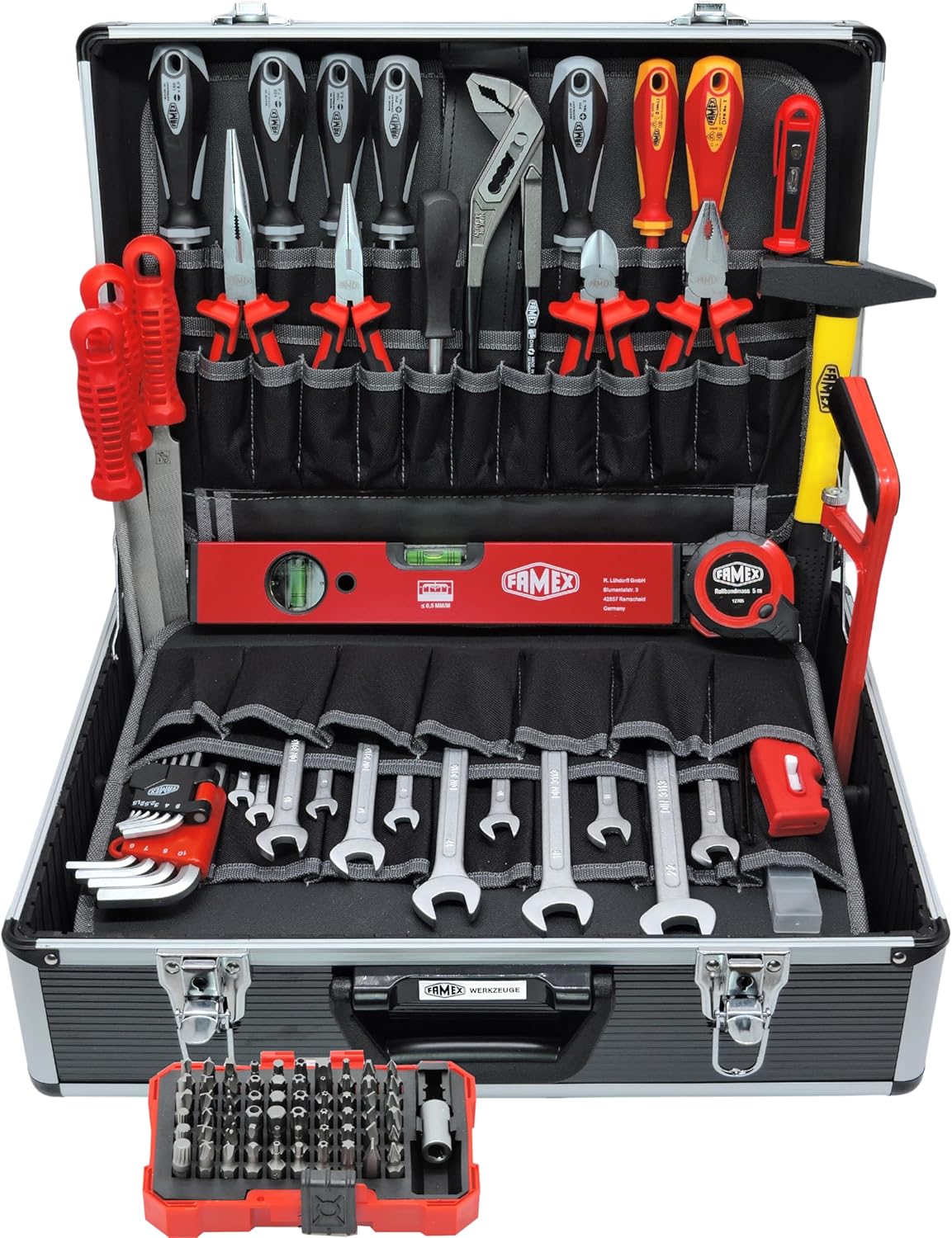 🔥 Angebote & Aktionen – FAMEX 449-93 Tool Box in Aluminium Case, Universal Tool Set, Filled Tool Set, 56 Insert Compartments for Pliers, Screwdrivers, Combination Spanner and much more