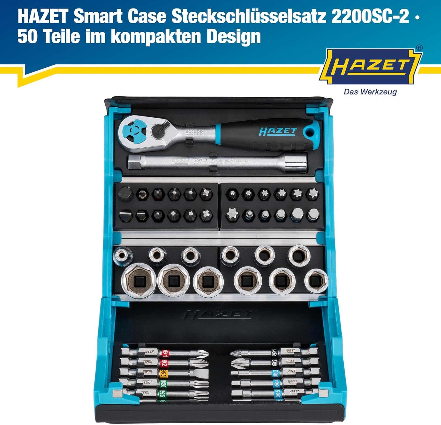 🚗 KFZ & Werkstatt – HAZET SmartCase Socket Spanner Set, 2200SC-2, 50-Piece Tool Socket Set, Drive: Hexagonal and Square 6.3 mm, Mobile Tool Box, Made in Germany – Bild 2